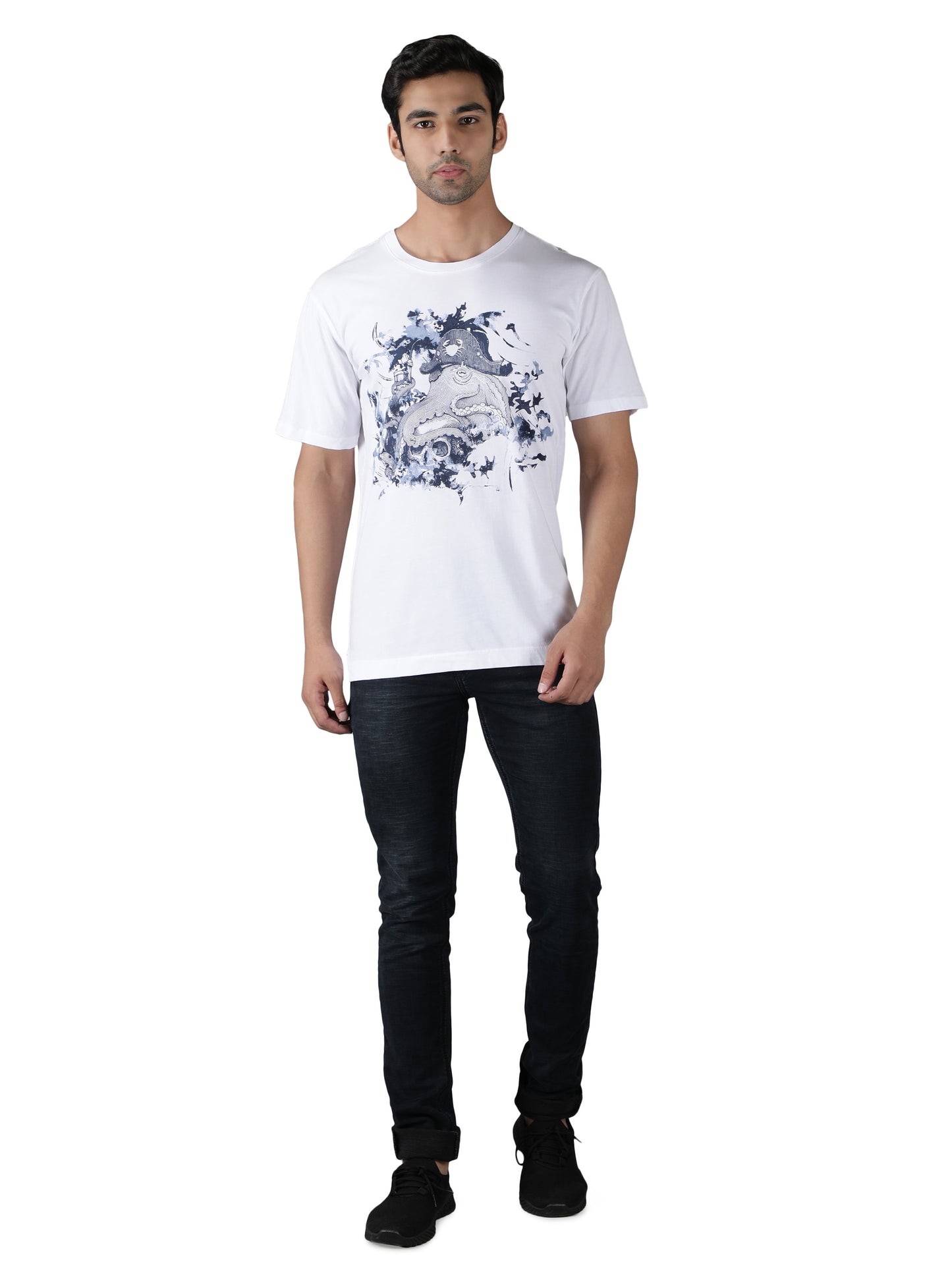 NUEVOSPORTA Men's Cotton Graphic Printed White T-Shirt
