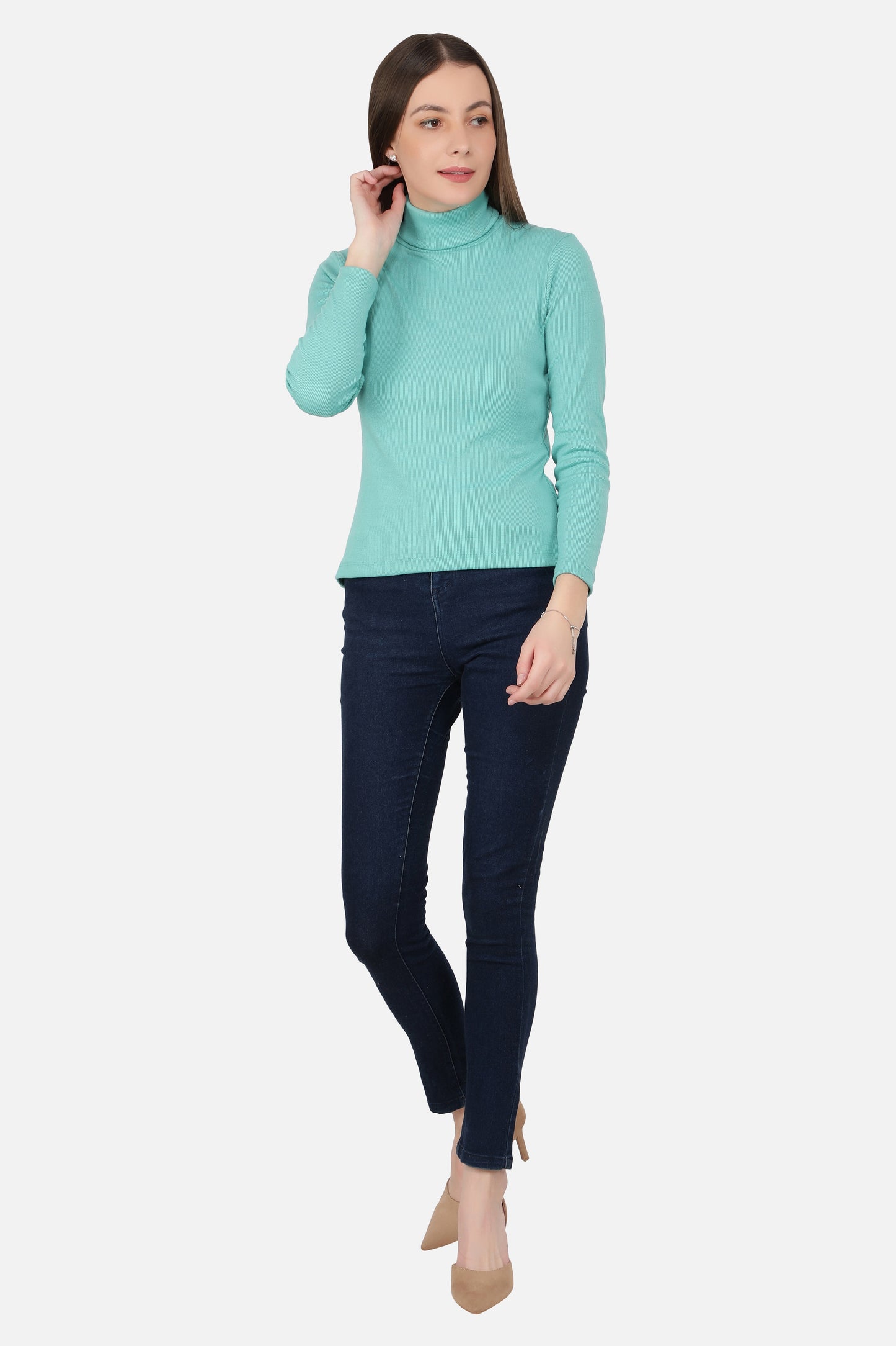 Women Roll-Up Ribbed Solid Aqua High Neck Tops Turtle Neck Top for Women