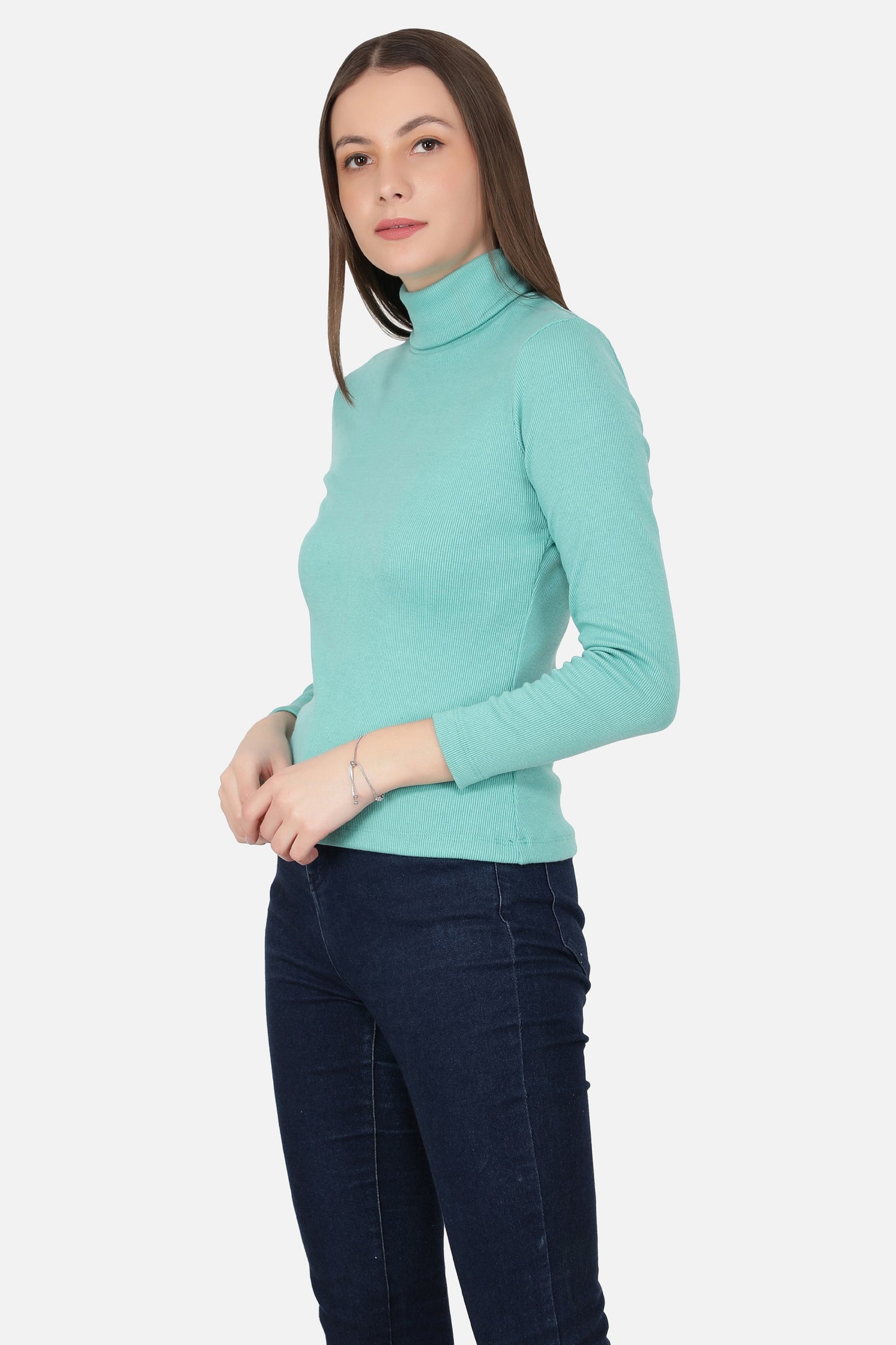 Women Roll-Up Ribbed Solid Aqua High Neck Tops Turtle Neck Top for Women