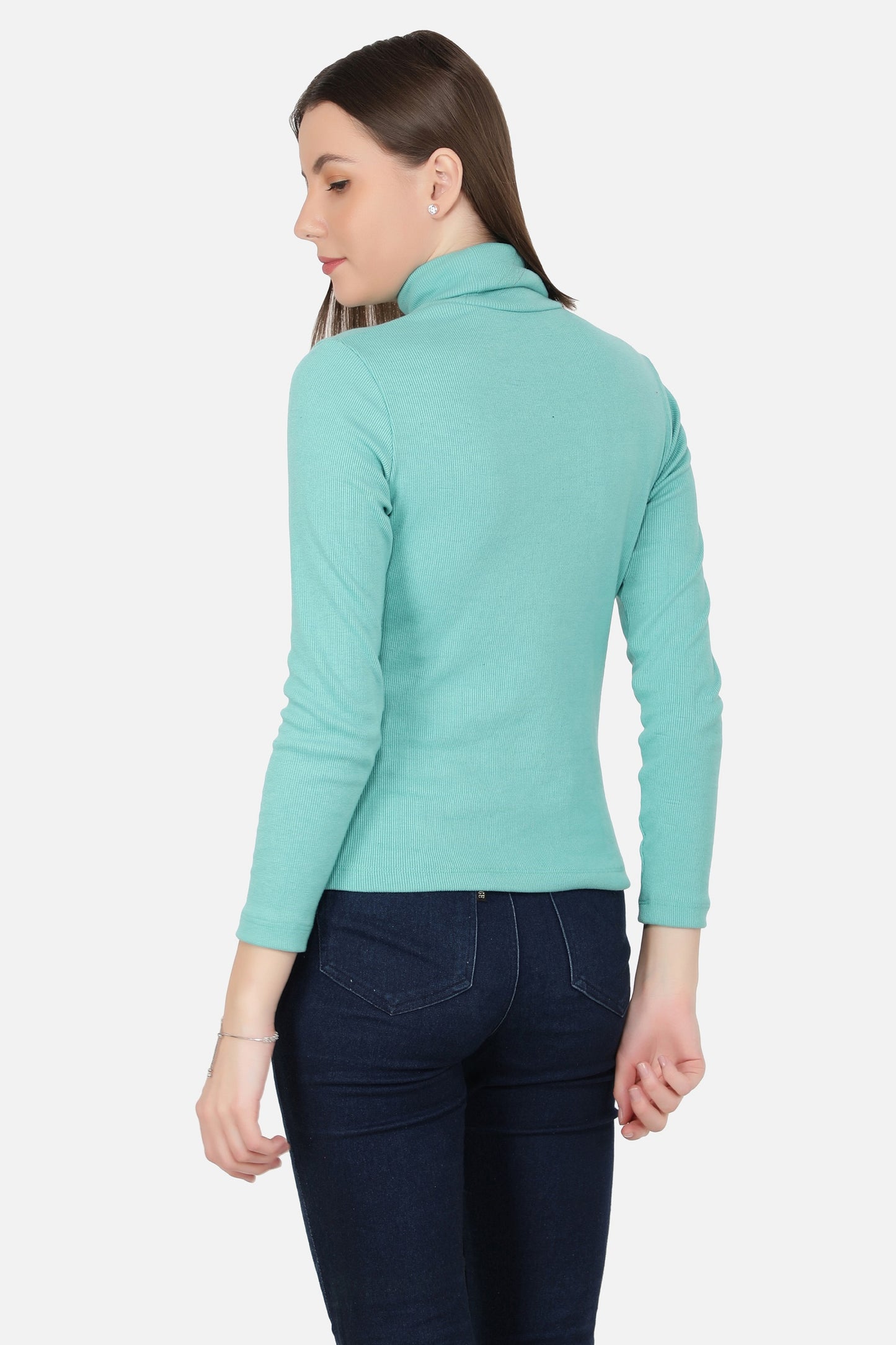 Women Roll-Up Ribbed Solid Aqua High Neck Tops Turtle Neck Top for Women