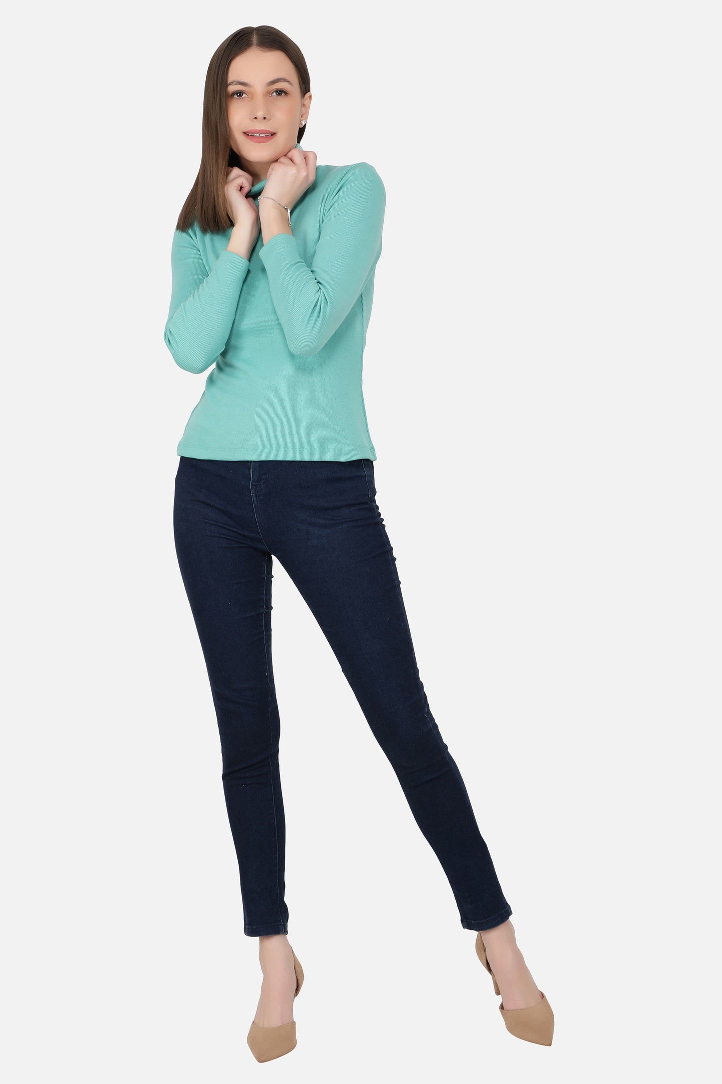 Women Roll-Up Ribbed Solid Aqua High Neck Tops Turtle Neck Top for Women