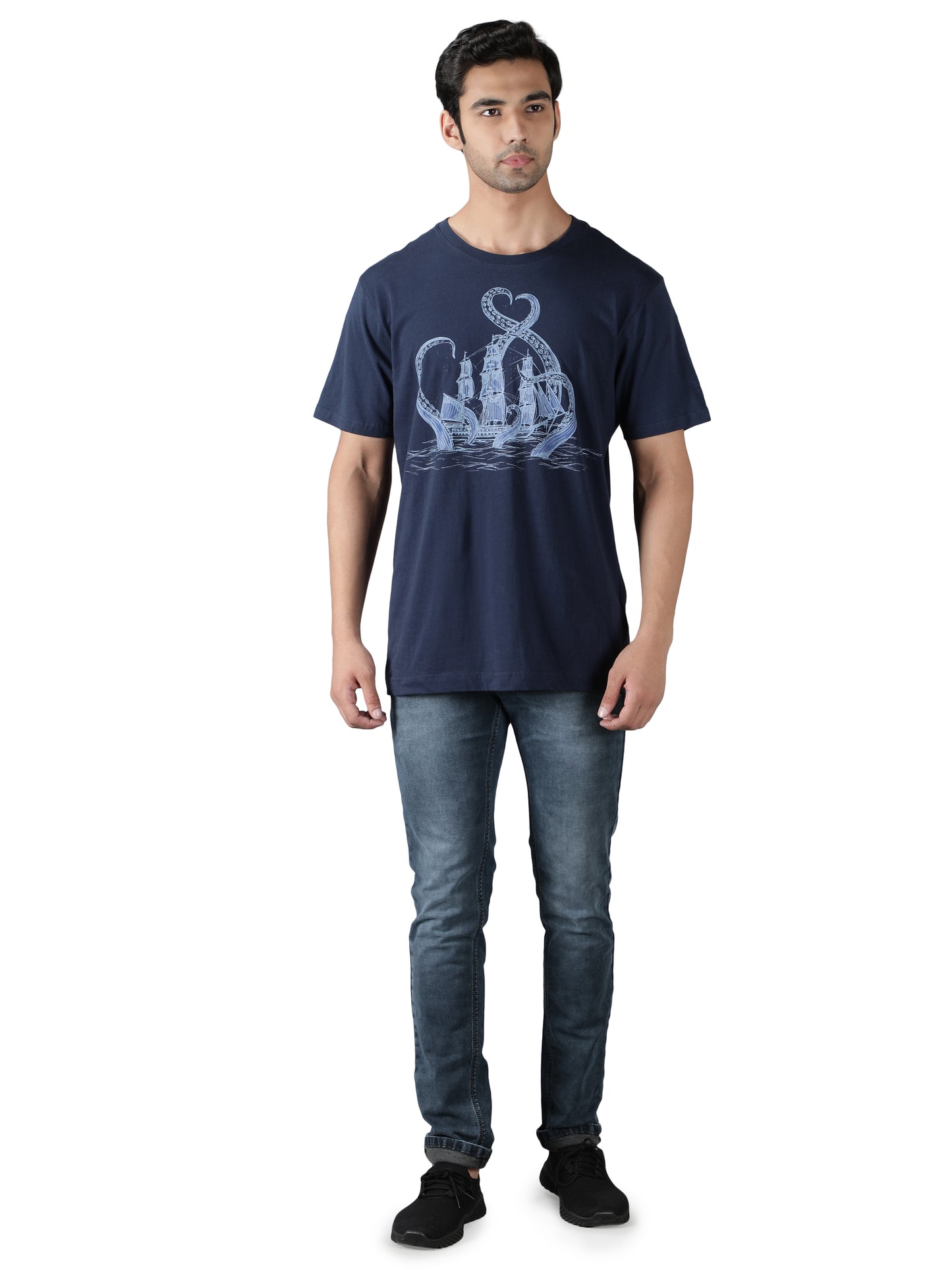 NUEVOSPORTA Men's Cotton Ship Printed Navy Blue T-Shirt