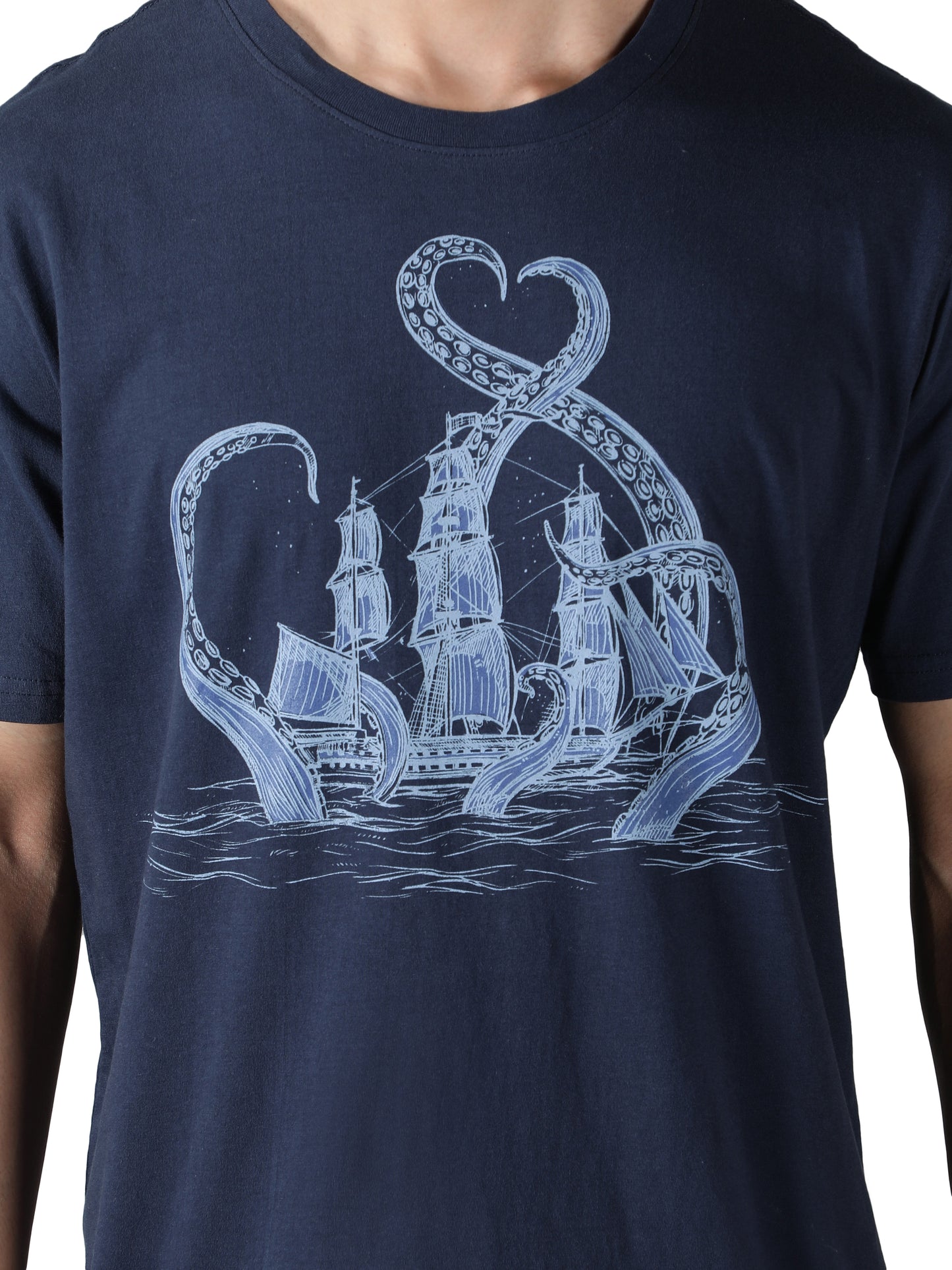 NUEVOSPORTA Men's Cotton Ship Printed Navy Blue T-Shirt