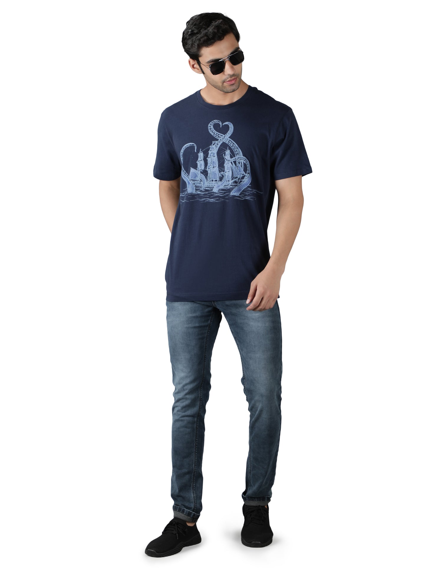 NUEVOSPORTA Men's Cotton Ship Printed Navy Blue T-Shirt