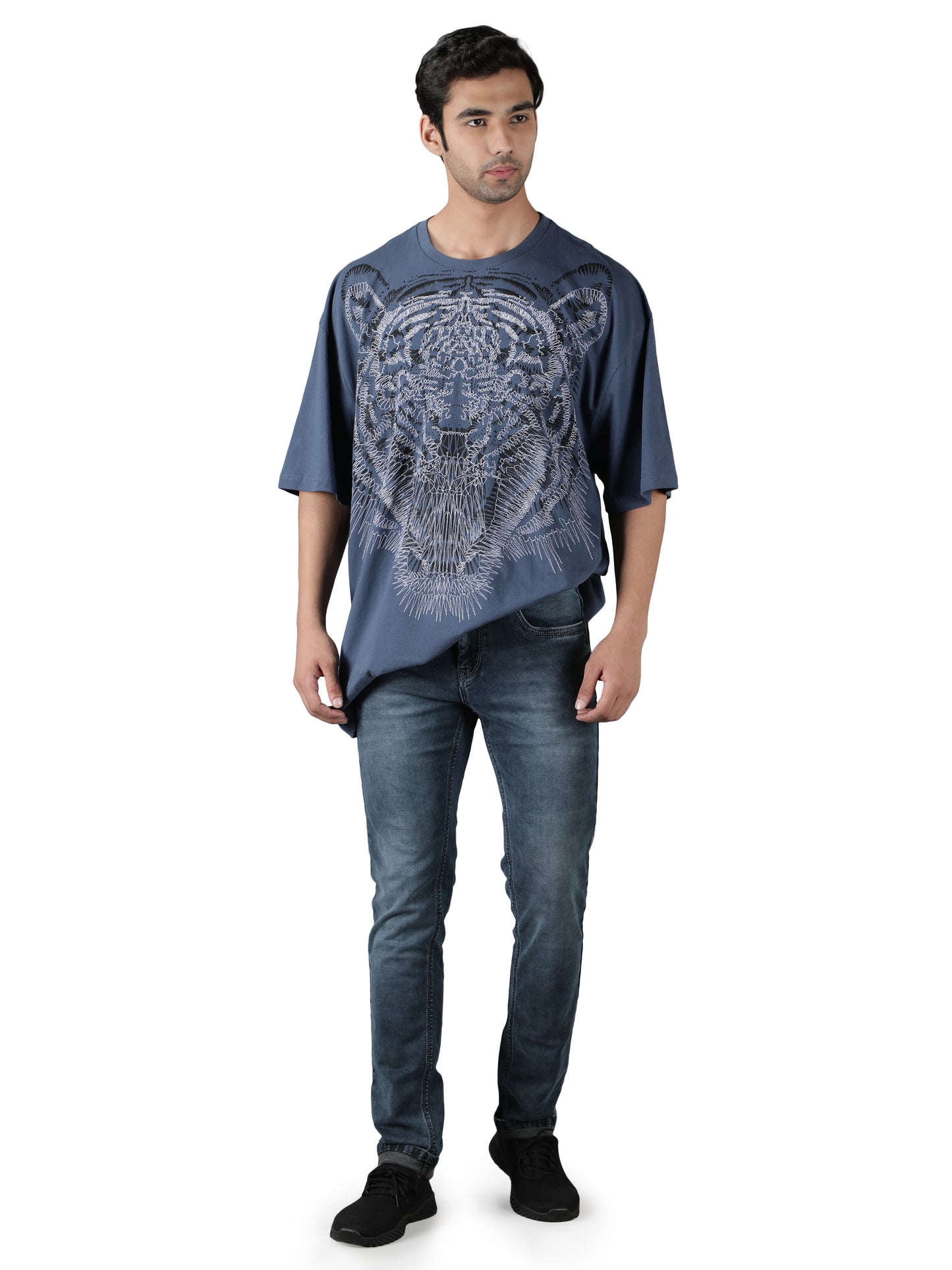 NUEVOSPORTA Men's Cotton Lion Printed Blue T-Shirt