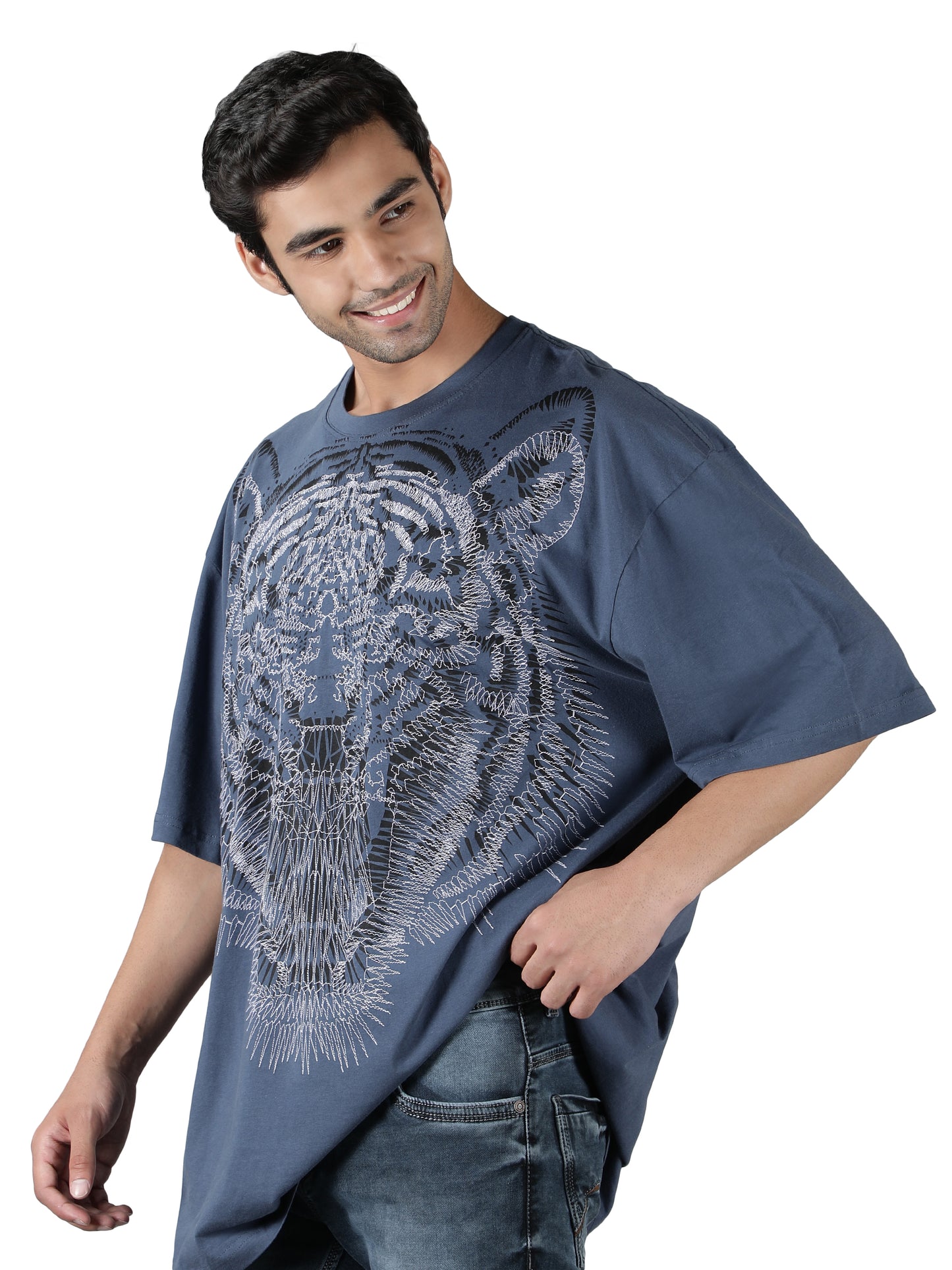 NUEVOSPORTA Men's Cotton Lion Printed Blue T-Shirt