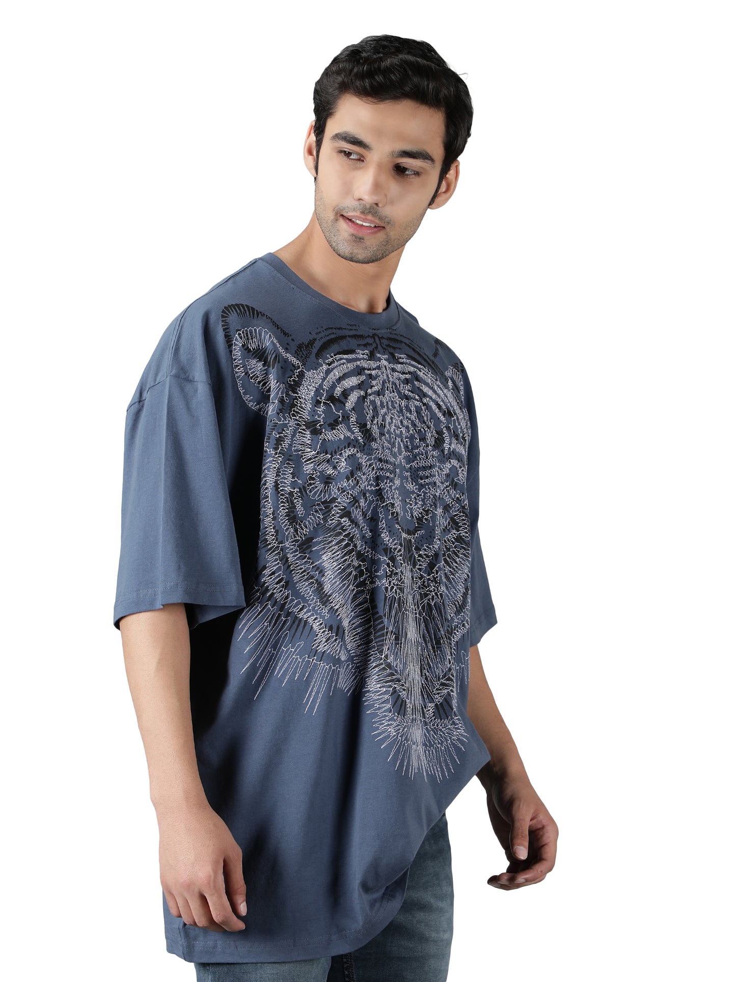 NUEVOSPORTA Men's Cotton Lion Printed Blue T-Shirt