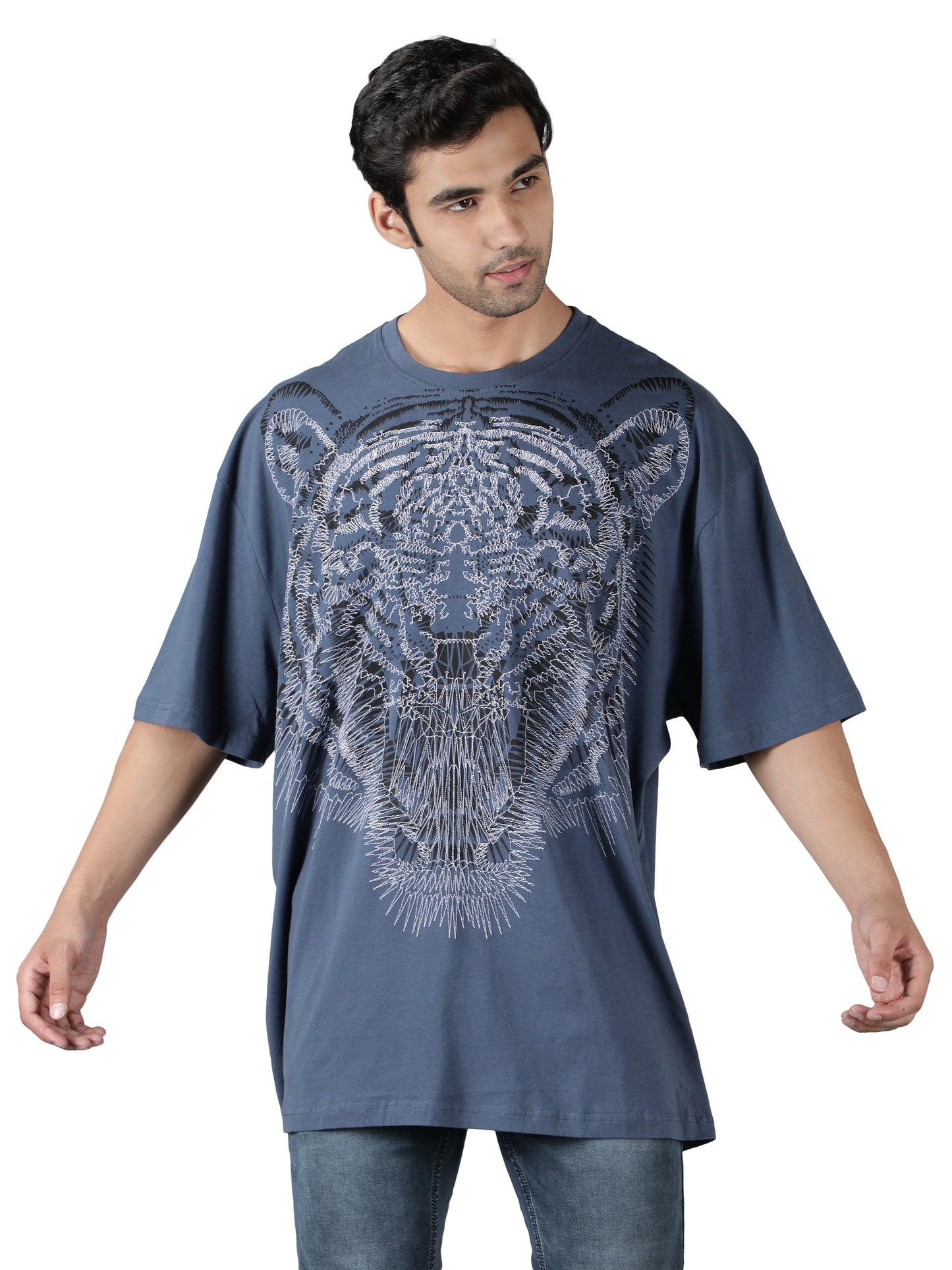 NUEVOSPORTA Men's Cotton Lion Printed Blue T-Shirt