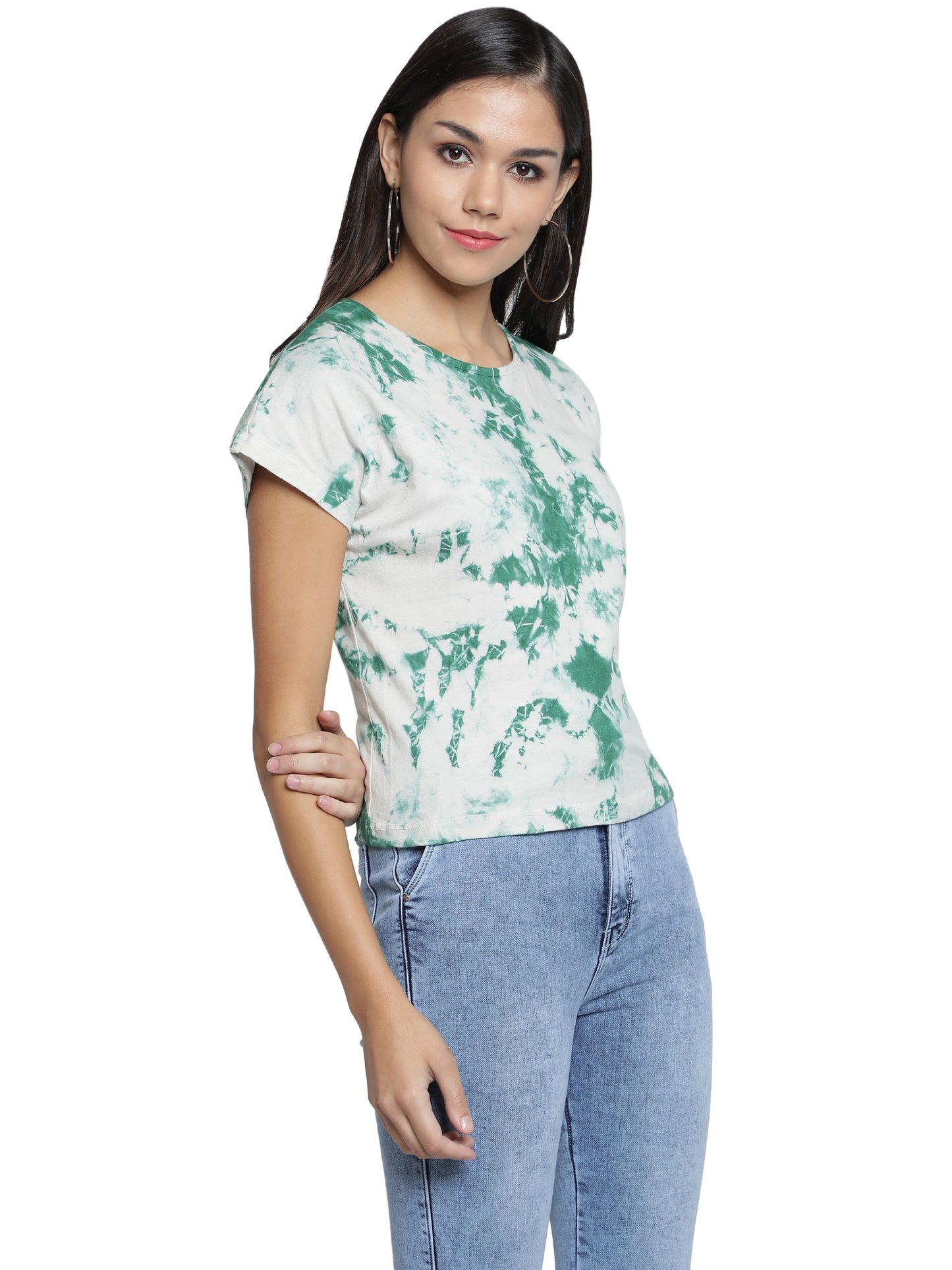 NUEVOSDAMAS Cotton Jersey Round Neck Half Sleeve Casual Green Top