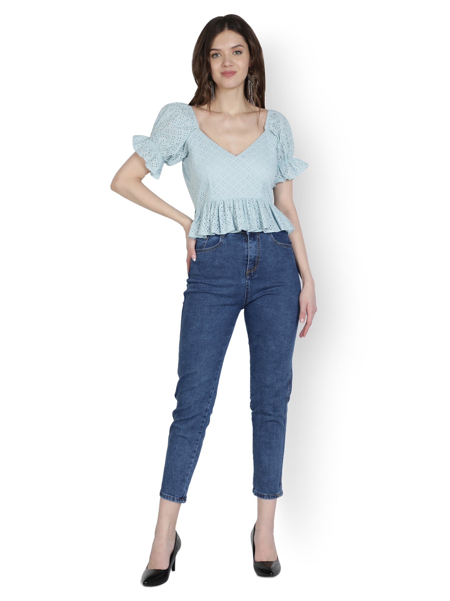 NUEVOSDAMAS Women Cotton Schiffly Solid Sea Blue Peplum Top with Puff Sleeve