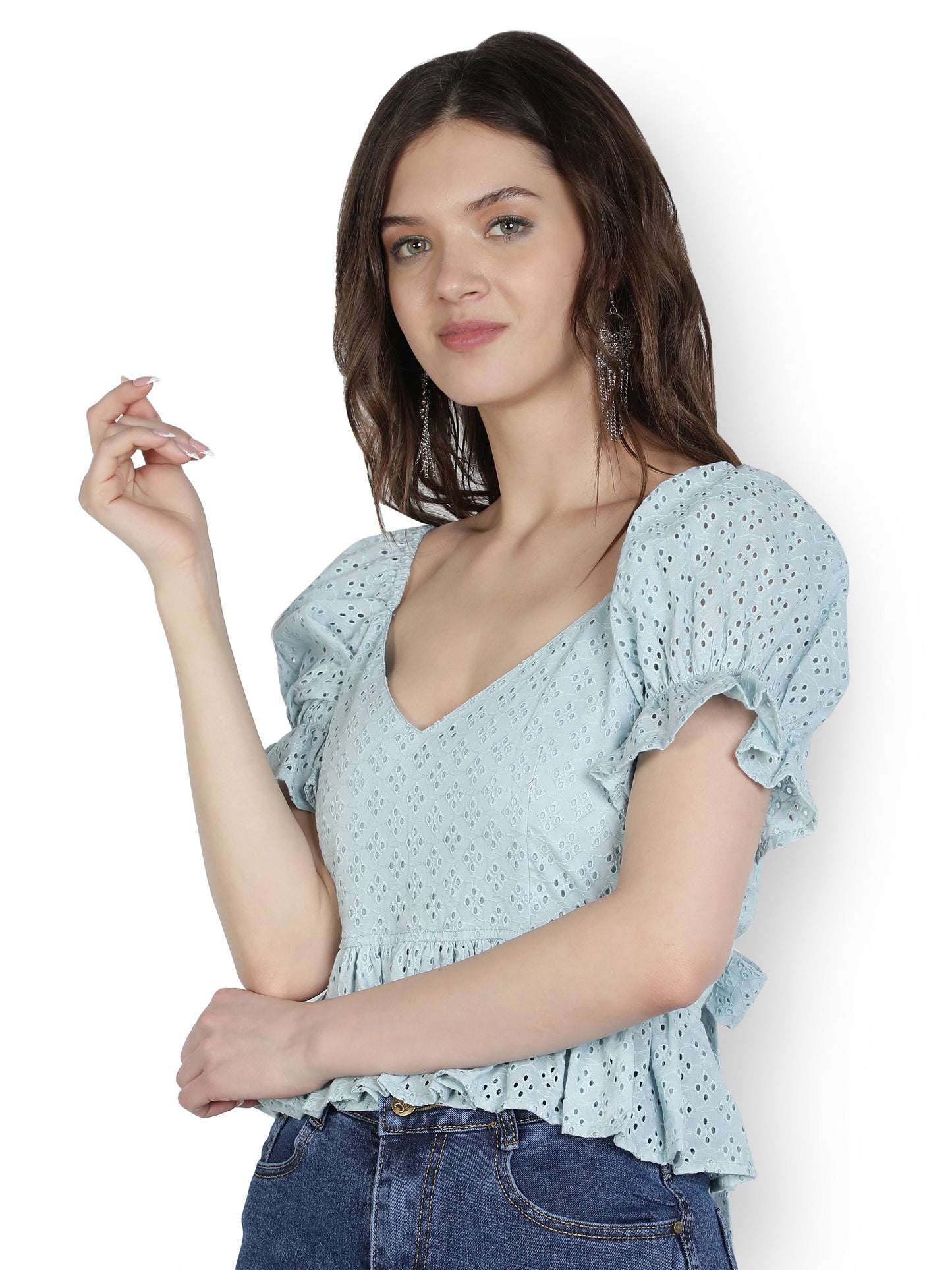 NUEVOSDAMAS Women Cotton Schiffly Solid Sea Blue Peplum Top with Puff Sleeve