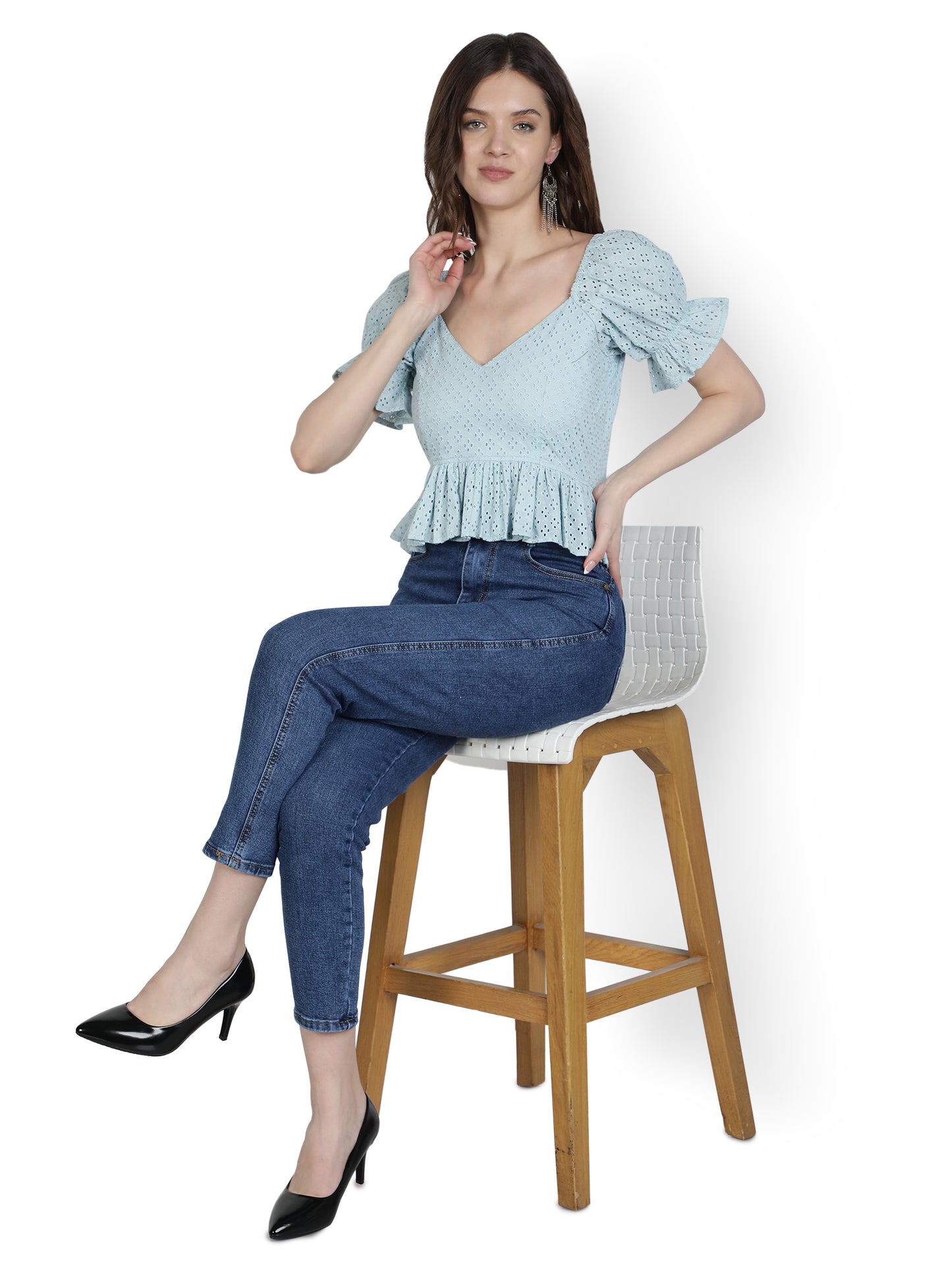 NUEVOSDAMAS Women Cotton Schiffly Solid Sea Blue Peplum Top with Puff Sleeve