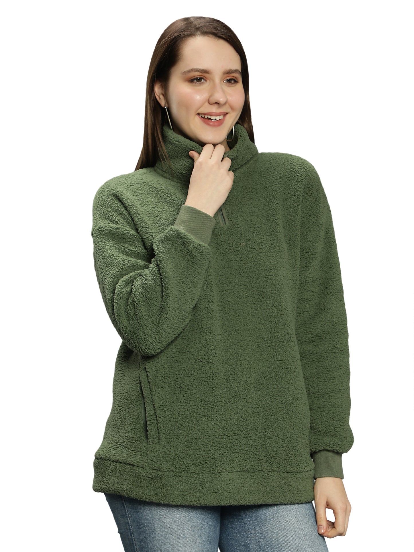 NUEVOSDAMAS Solid Olive Color Winter Sherpa Fur Sweatshirt
