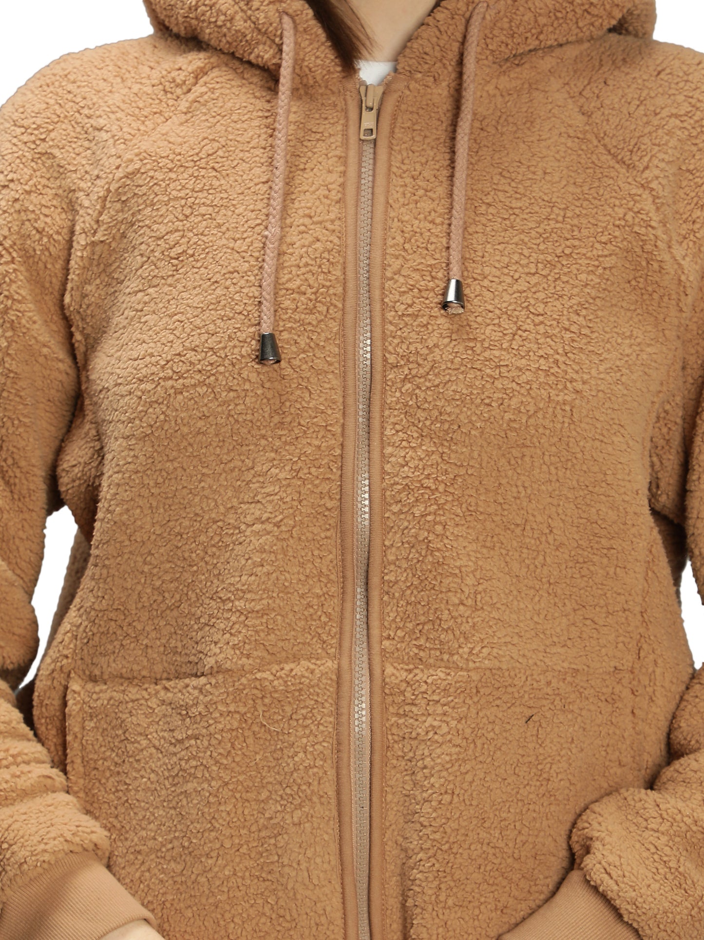 NUEVOSDAMAS Solid Beige Color Winter Sherpa Fur Hooded Jacket with Front Zipper Closer
