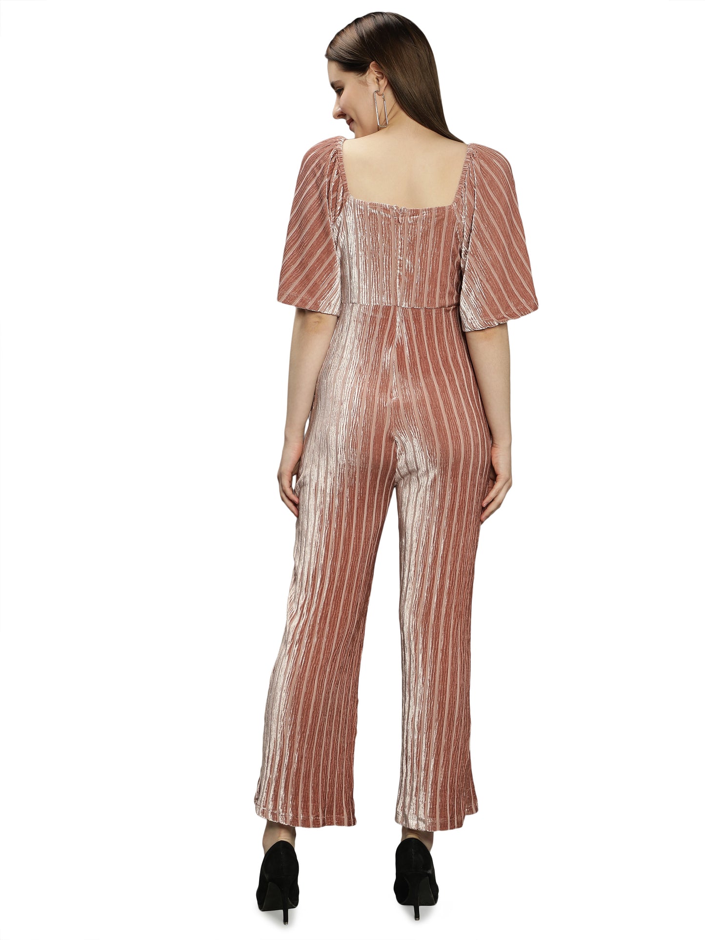 NUEVOSDAMAS Smoke Pink Bell Sleeves Velvet Jumpsuit