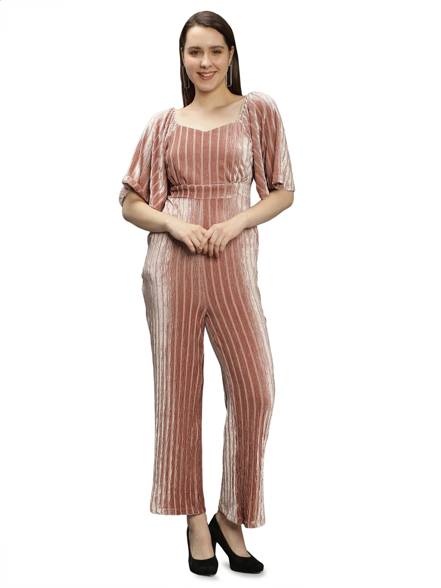NUEVOSDAMAS Smoke Pink Bell Sleeves Velvet Jumpsuit