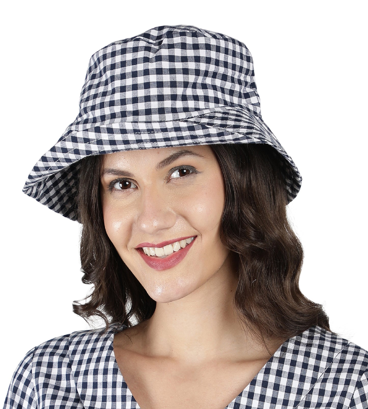 Women Cotton Yarn Dyed Check Sun Hat Black