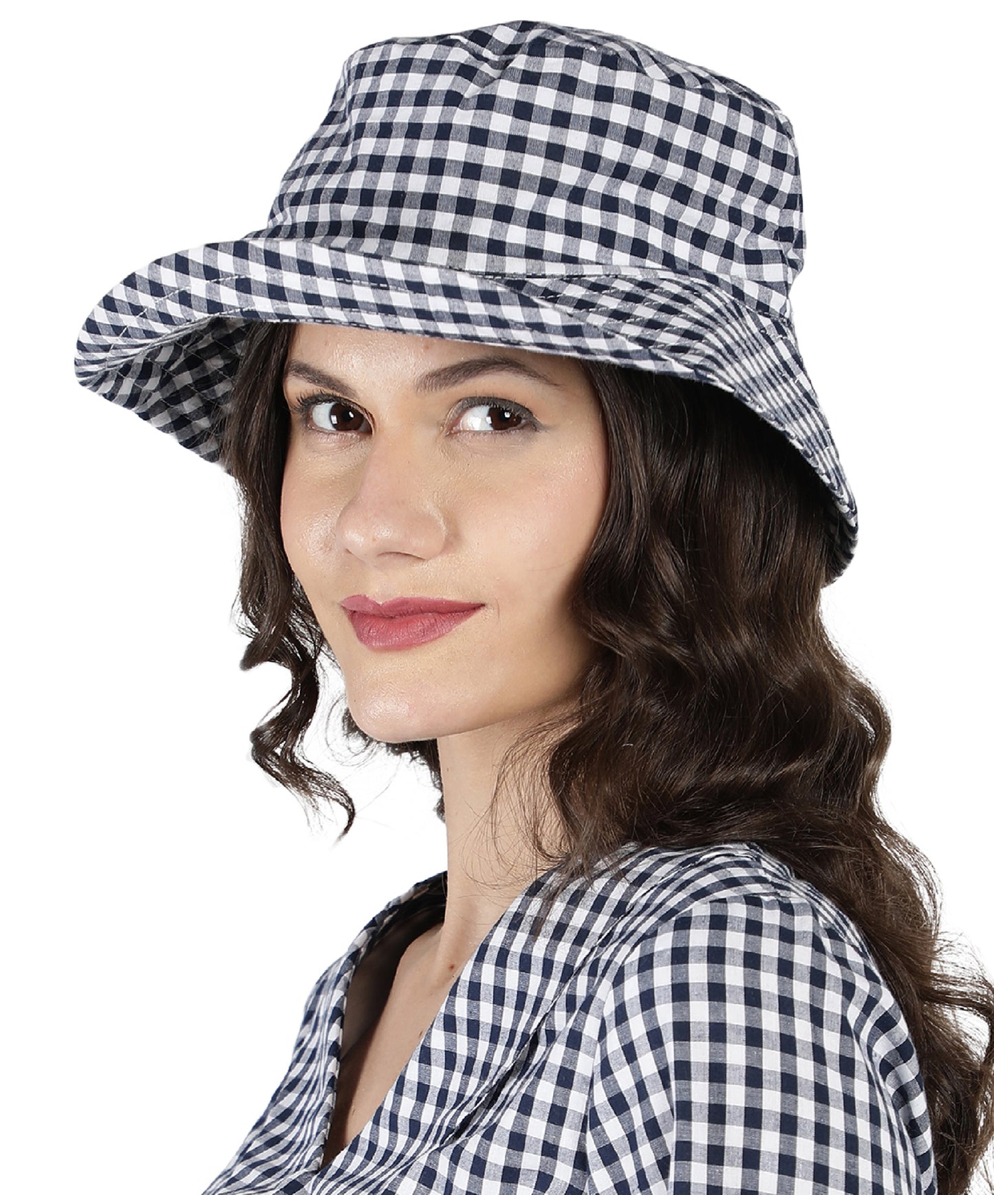 Women Cotton Yarn Dyed Check Sun Hat Black