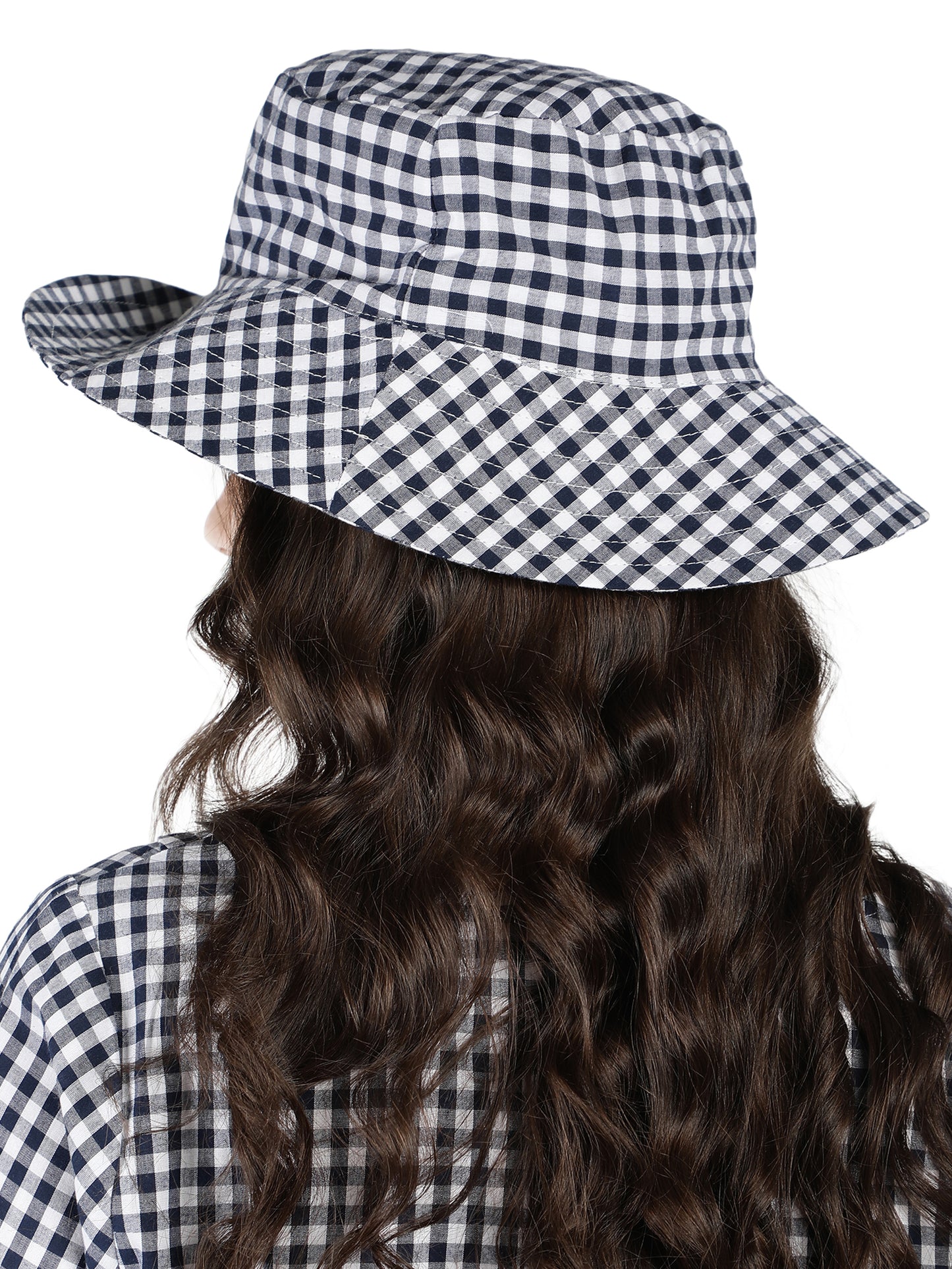 Women Cotton Yarn Dyed Check Sun Hat Black