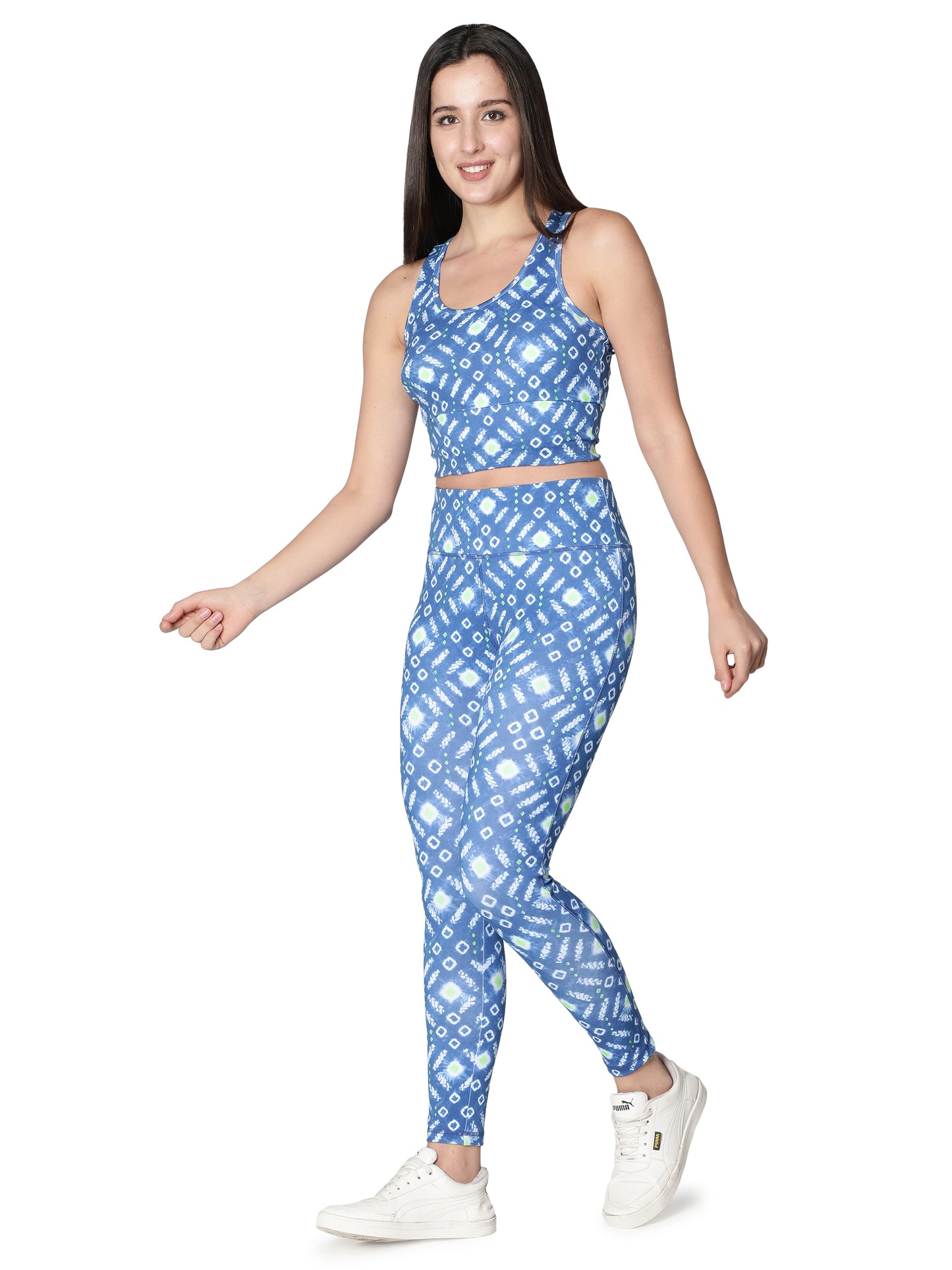 NUEVOSDAMAS Shibori Printed Women Active WearTracksuit | Gym Wear Padded Top And Bottom Set | Dry Fit Women Active Wear Combo Set_Blue
