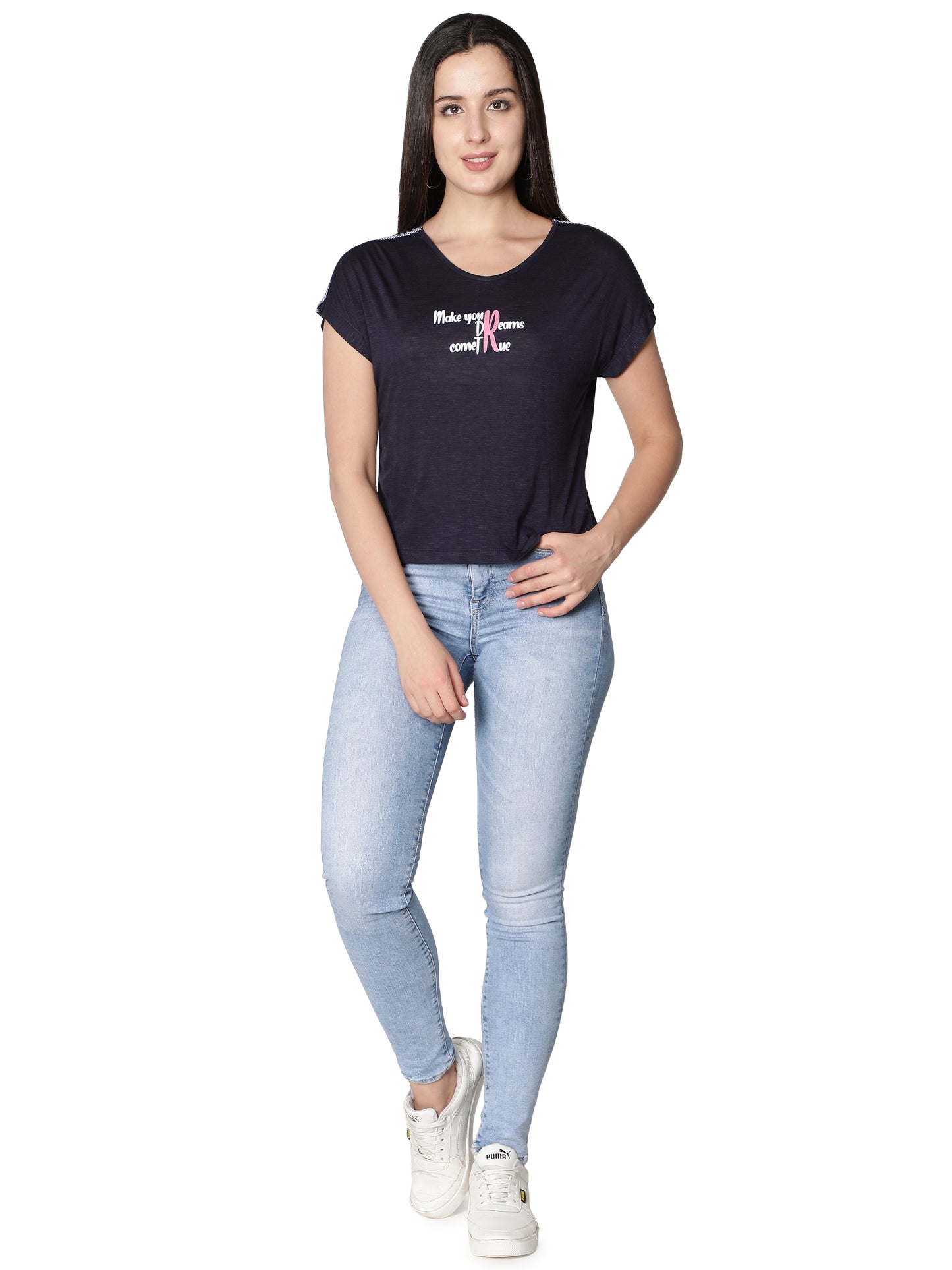 NUEVOSDAMAS Women Rayon Graphic Printed Blue T-Shirt