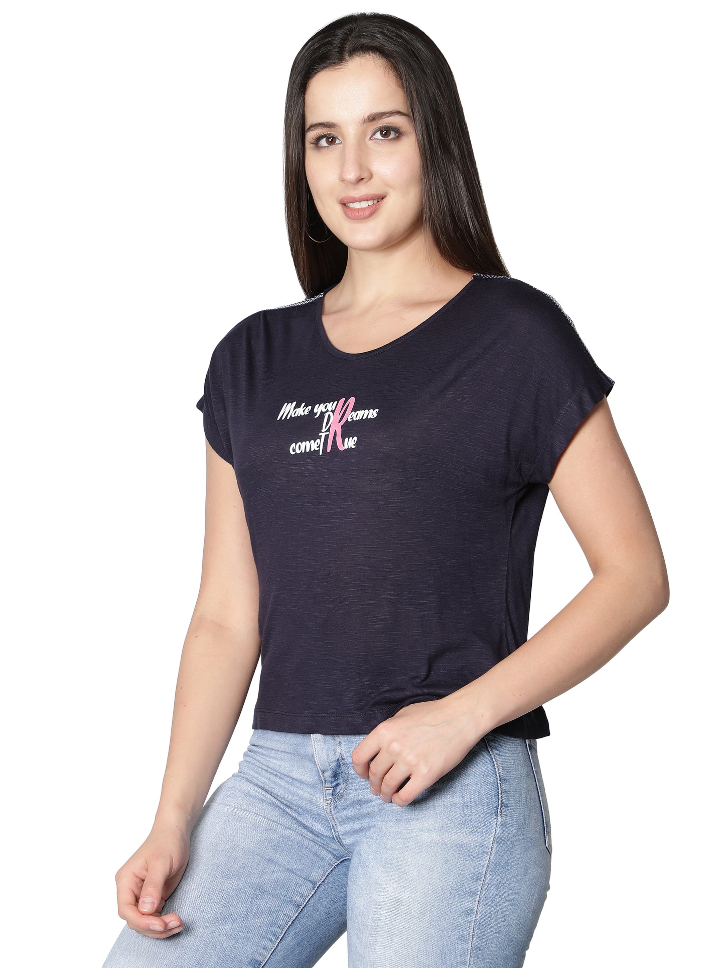 NUEVOSDAMAS Women Rayon Graphic Printed Blue T-Shirt