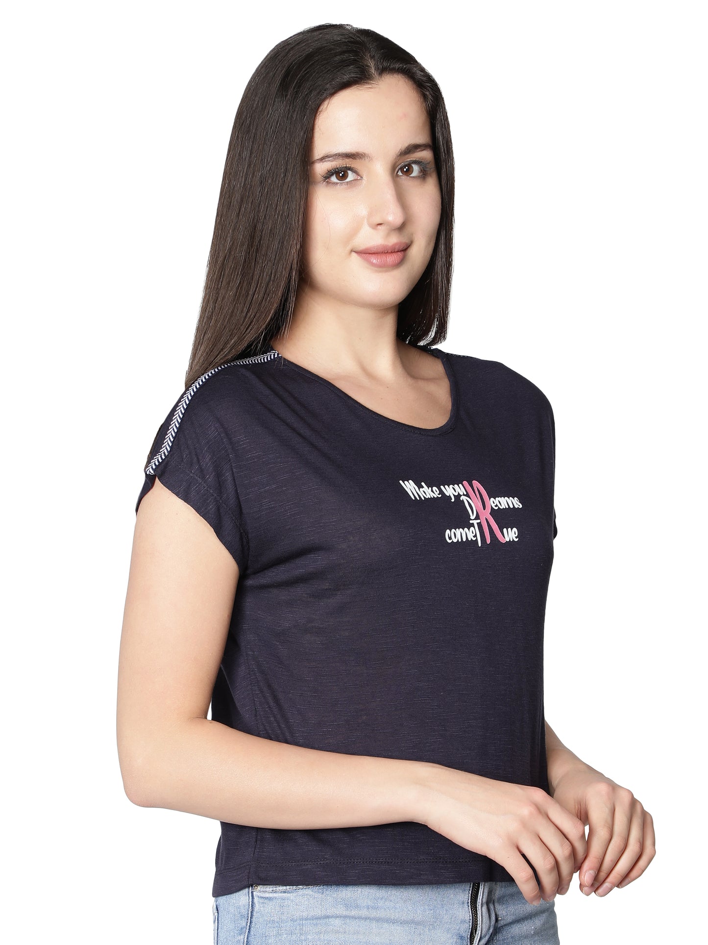 NUEVOSDAMAS Women Rayon Graphic Printed Blue T-Shirt