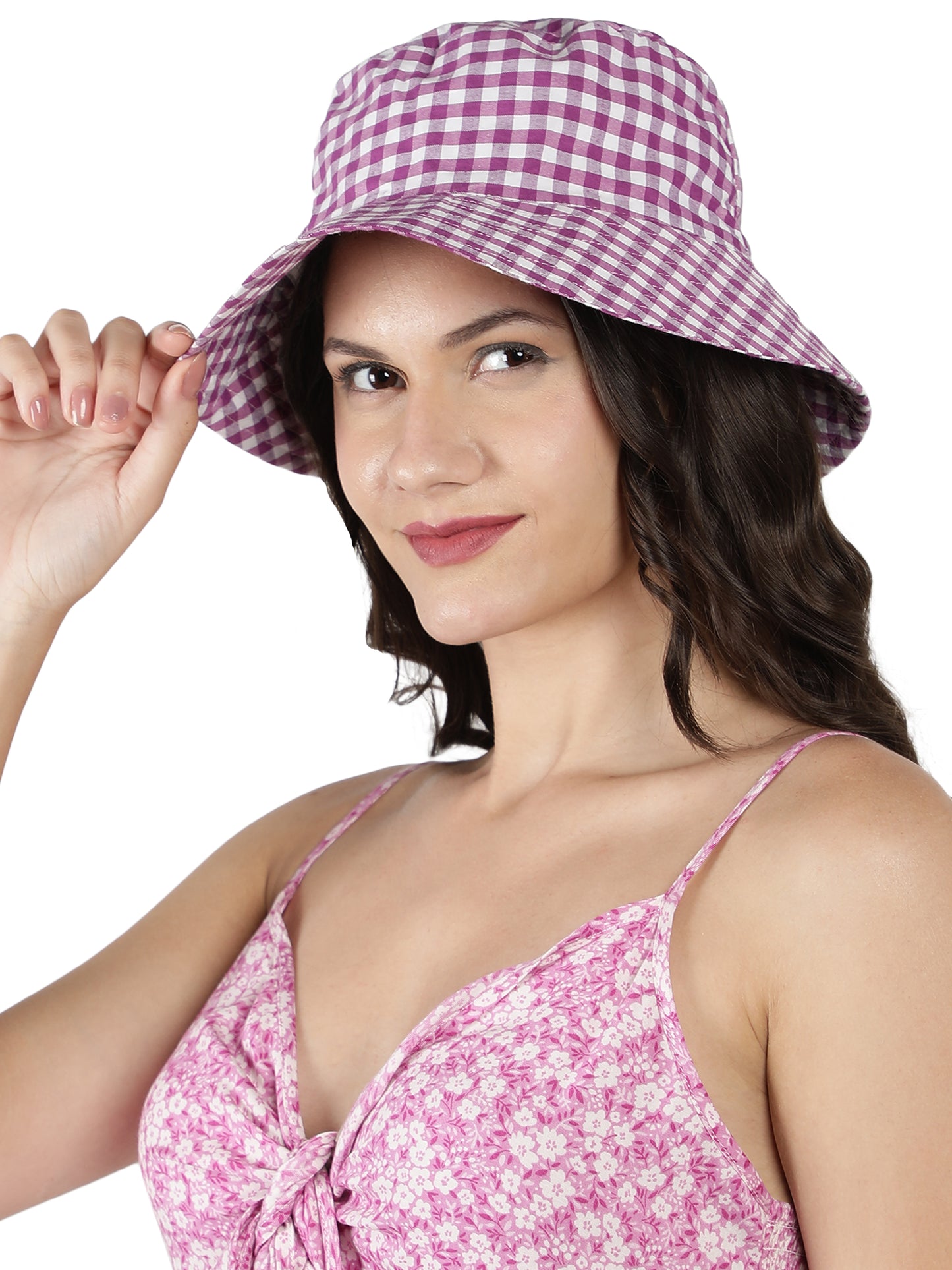 NUEVOSDAMAS Women Cotton Yarn Dyed Check Sun Hat
