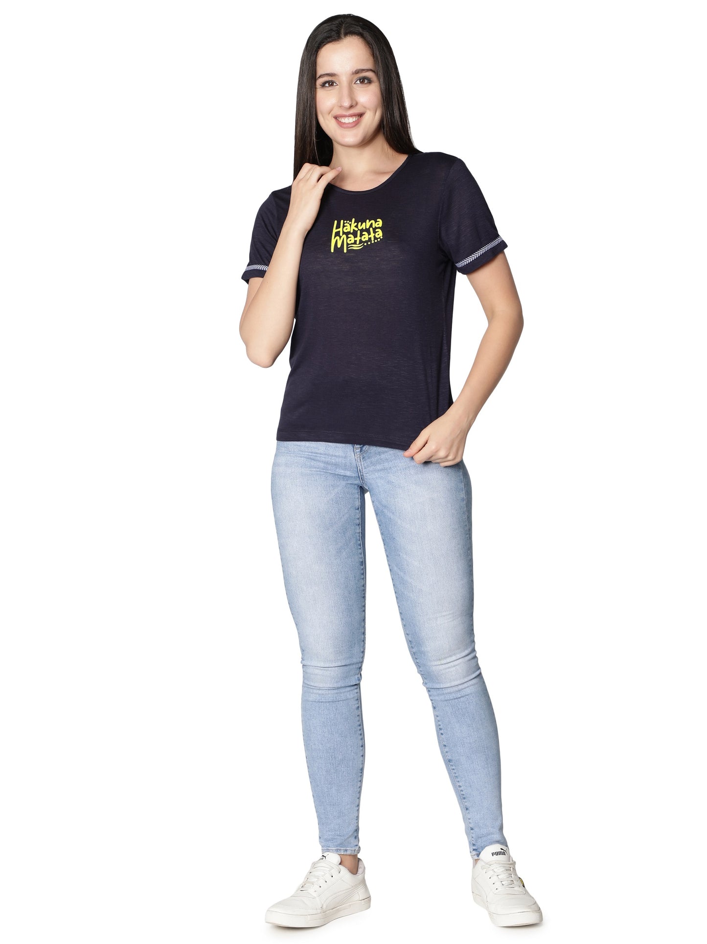 NUEVOSDAMAS Women Rayon Printed Blue T-Shirt