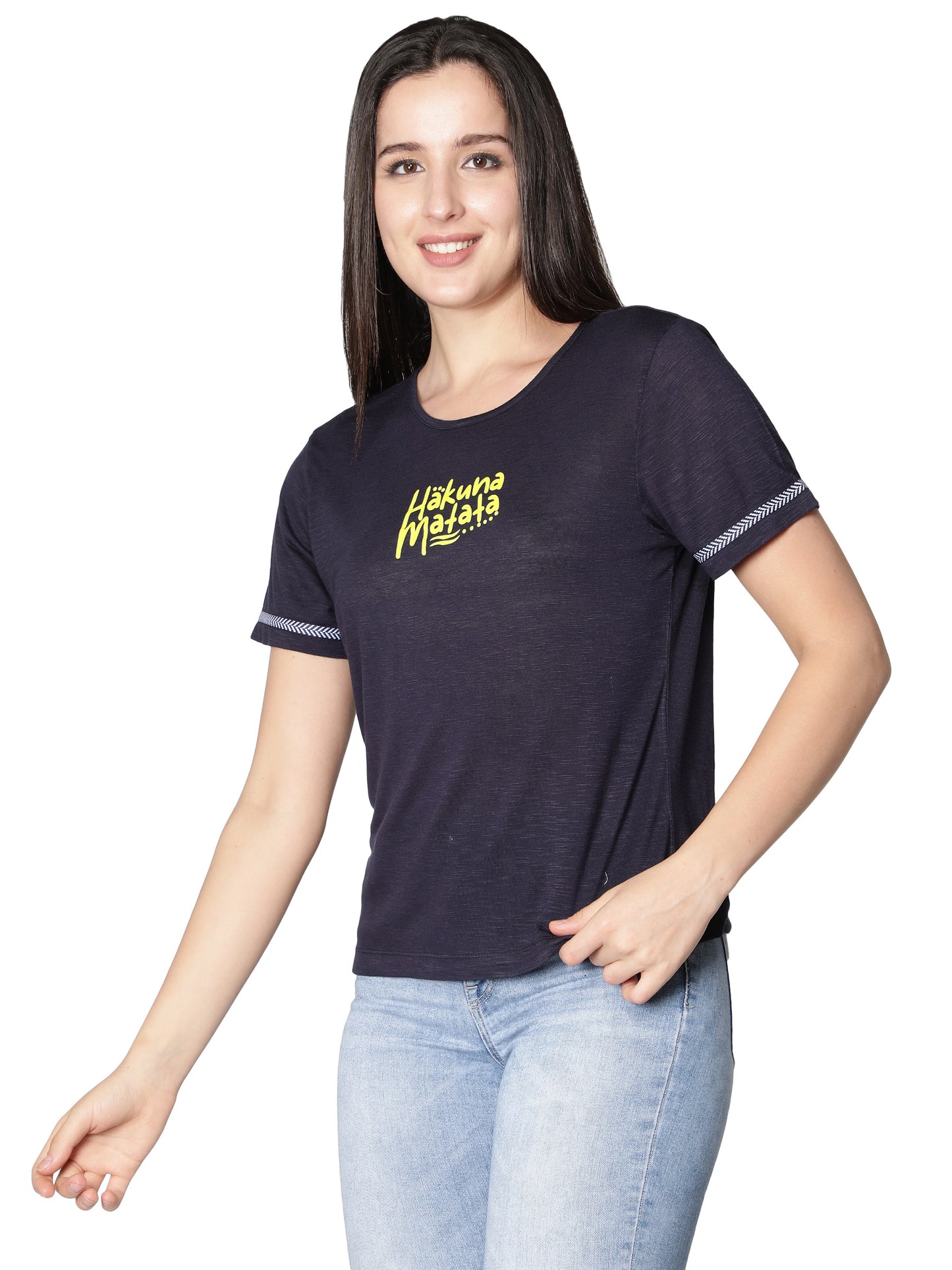 NUEVOSDAMAS Women Rayon Printed Blue T-Shirt