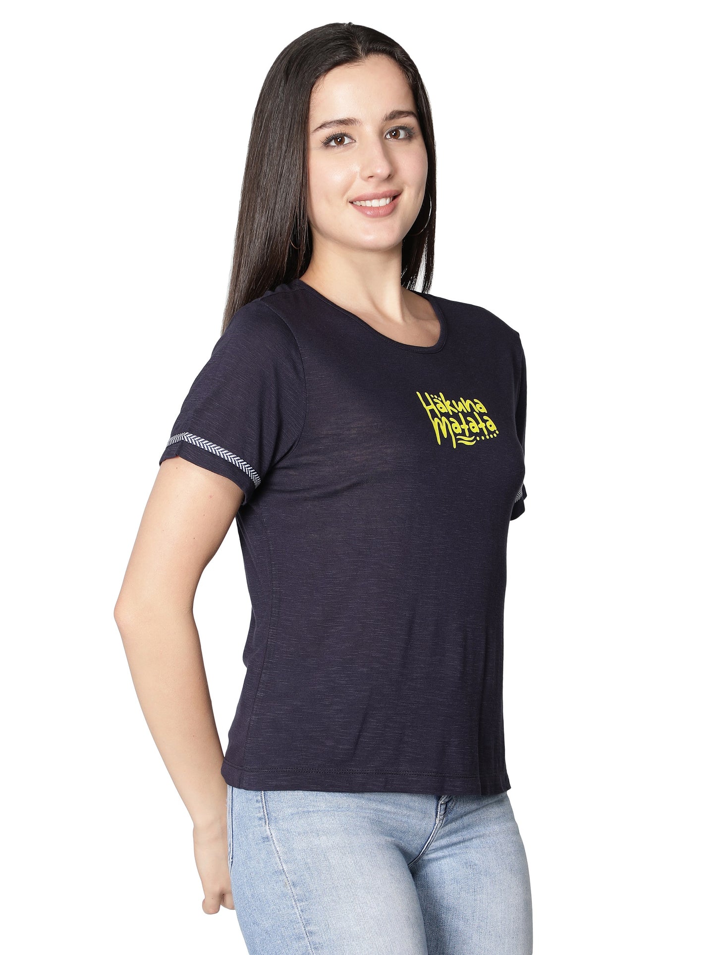 NUEVOSDAMAS Women Rayon Printed Blue T-Shirt