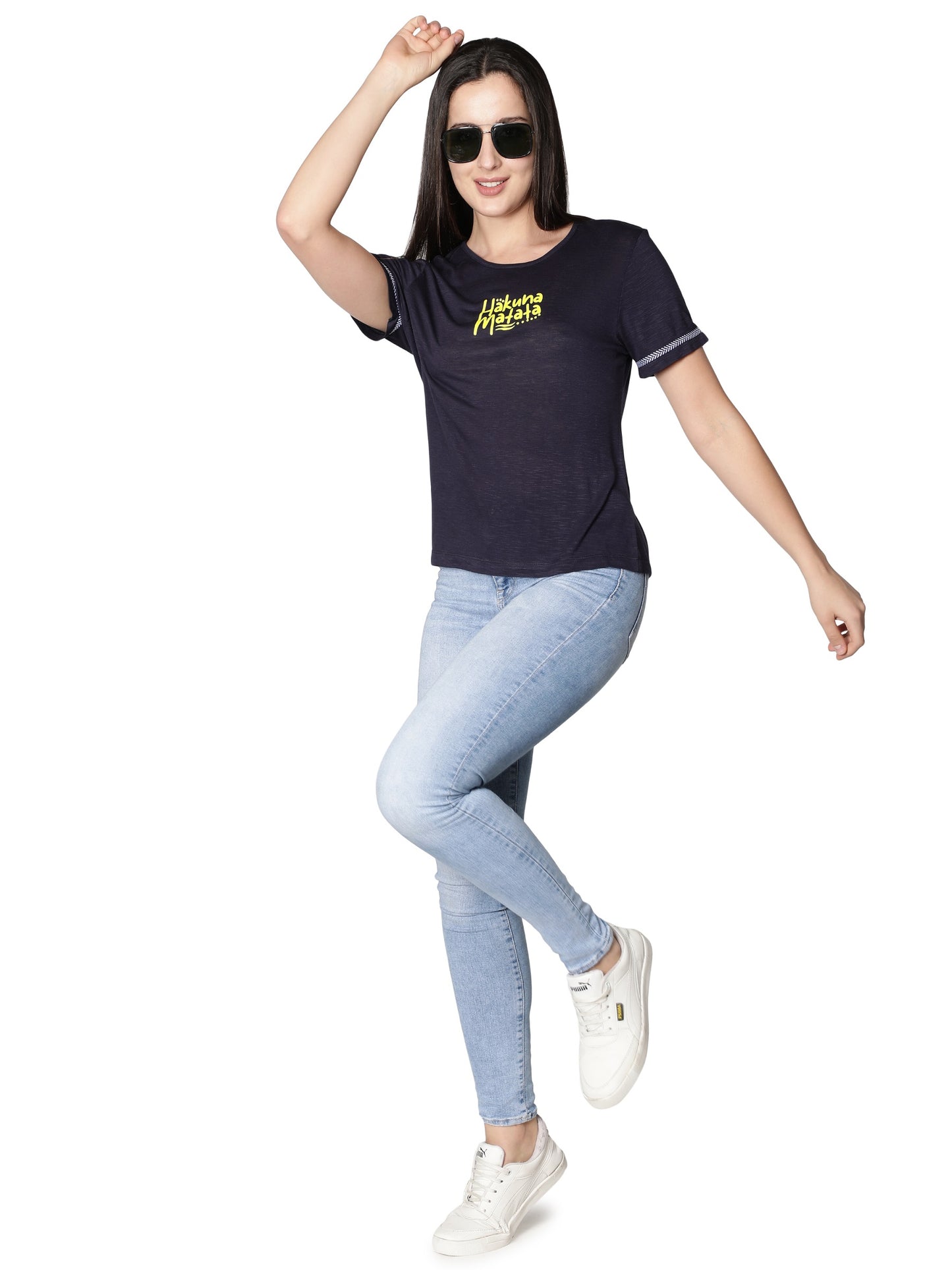 NUEVOSDAMAS Women Rayon Printed Blue T-Shirt