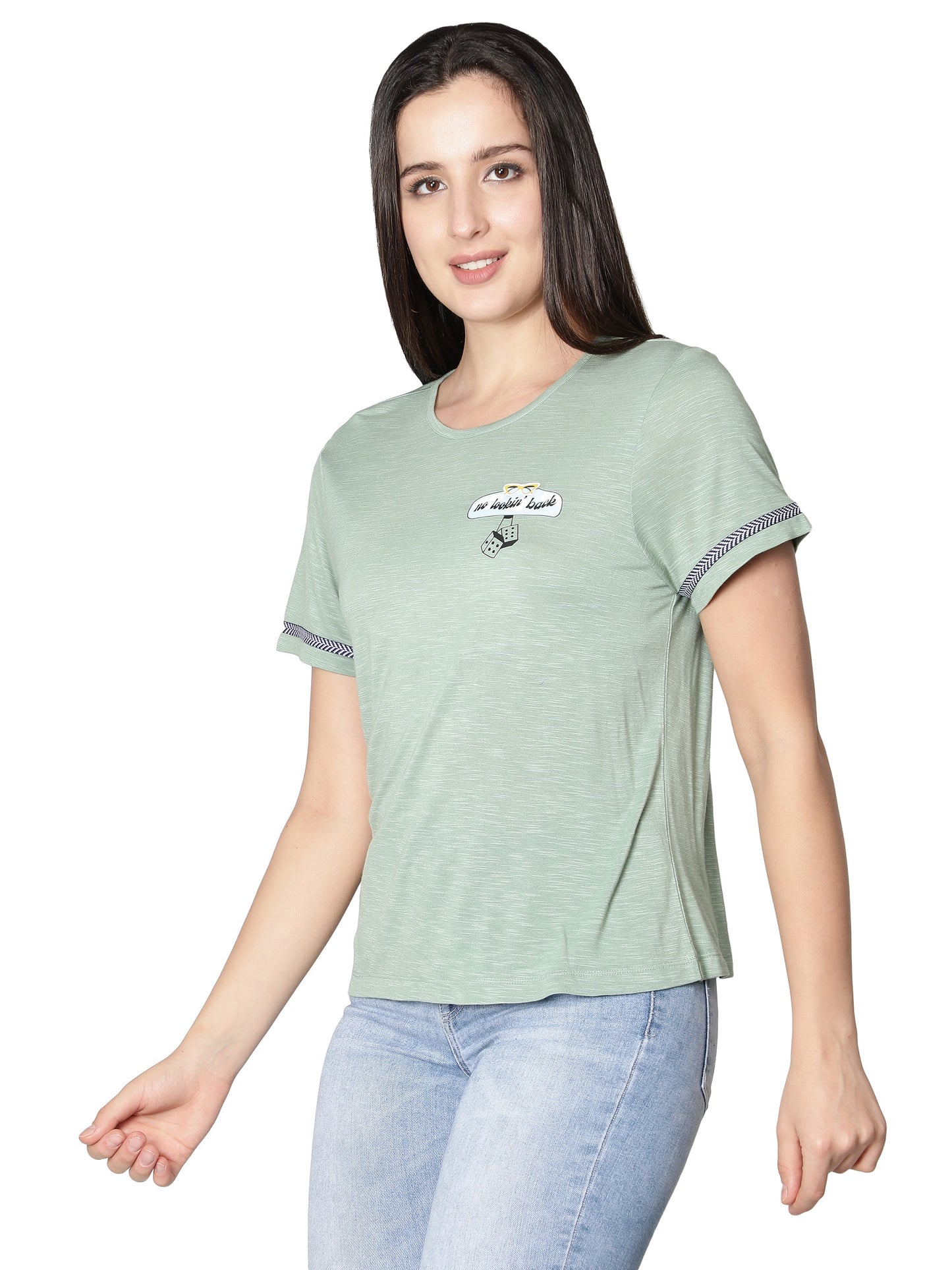 NUEVOSDAMAS Women Rayon Printed Light Green T-Shirt