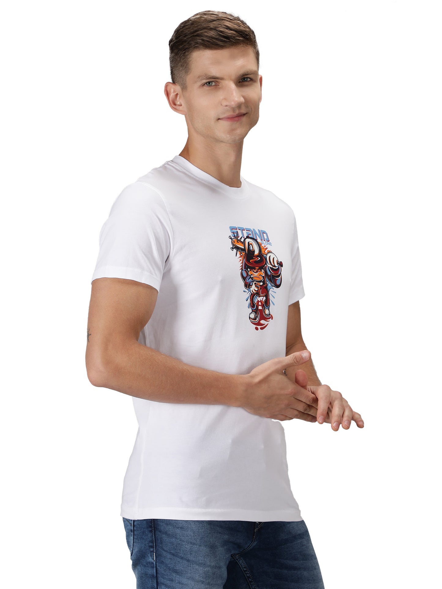 NUEVOSPORTA Men's Cotton Graphic Printed White T-Shirt