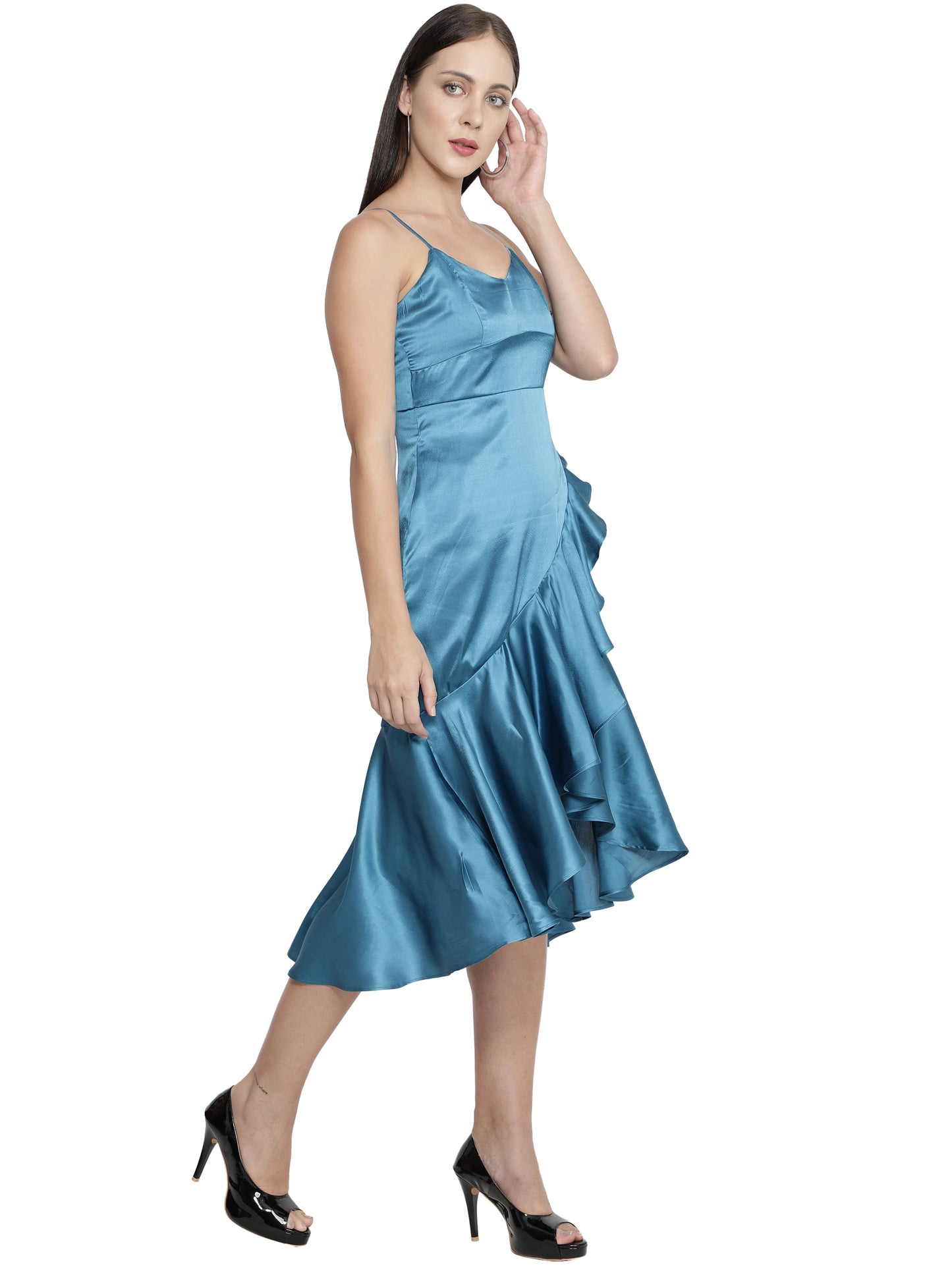 Women Ruffled Blue Dress freeshipping - NUEVOSDAMAS
