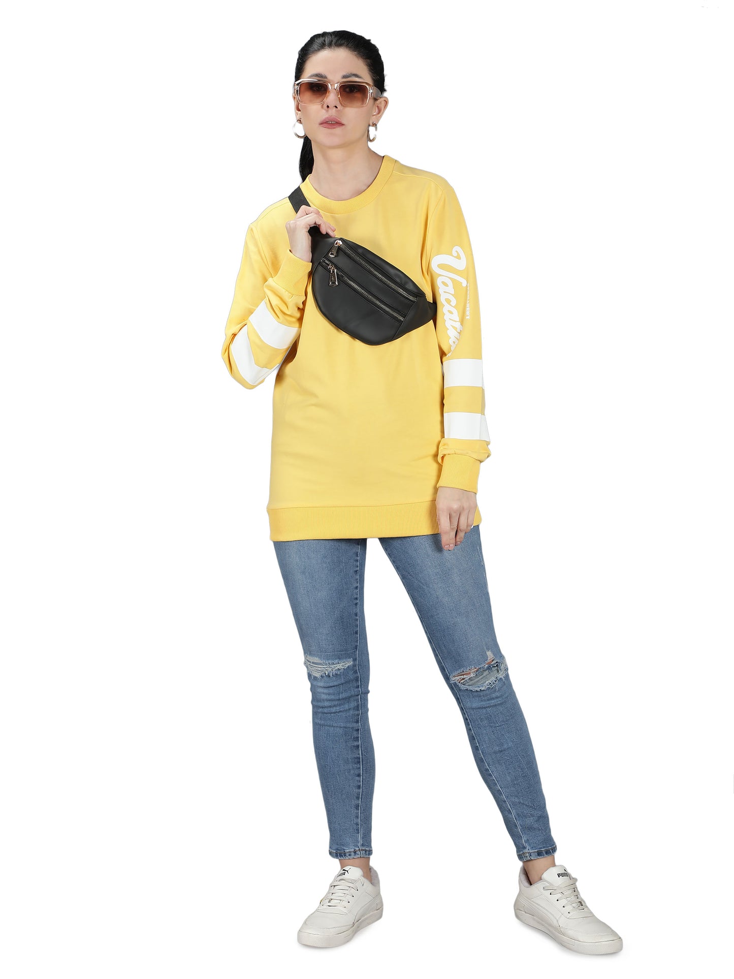 NUEVOSDAMAS Stripes Printed Yellow Sweatshirt
