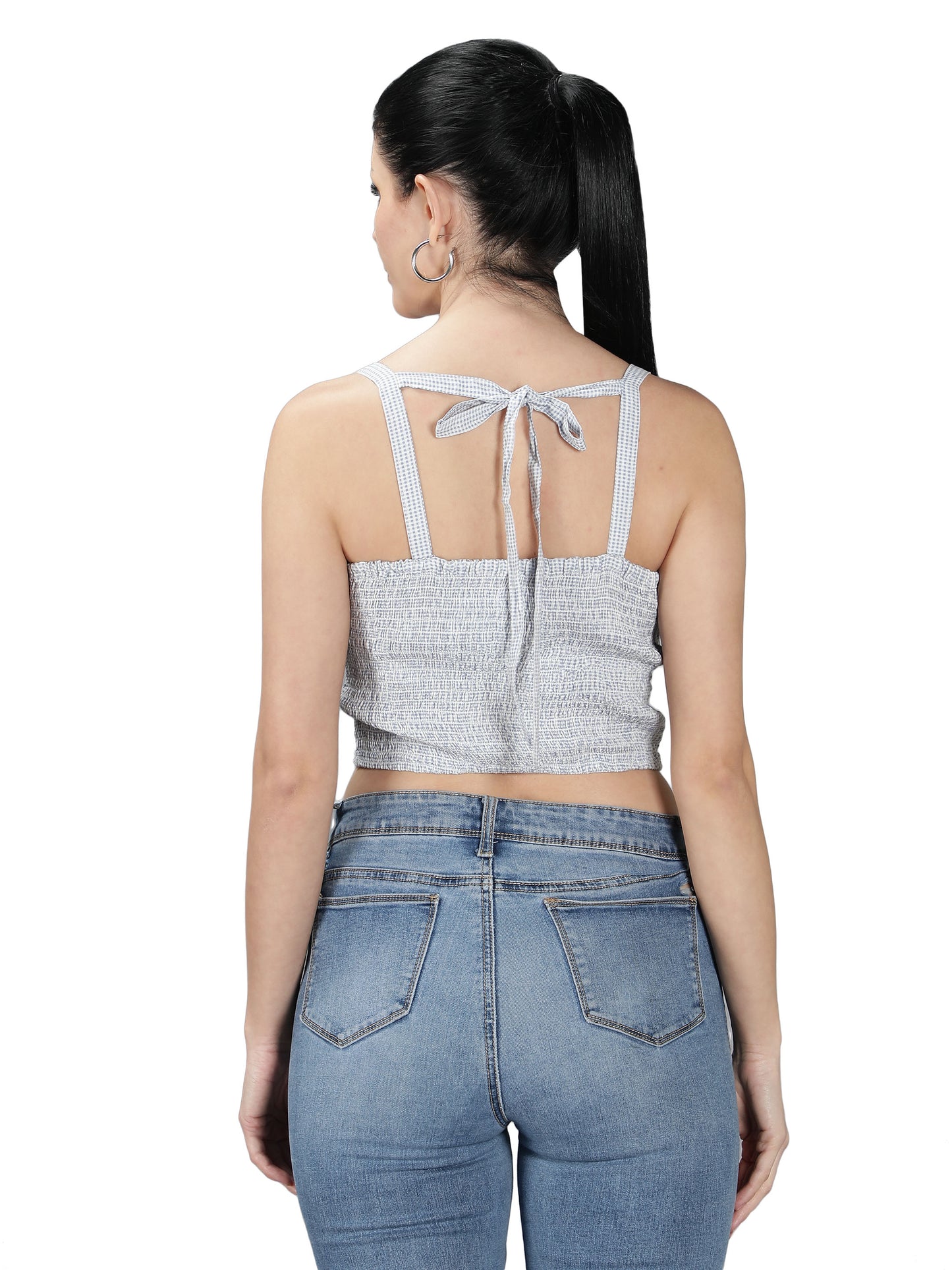 NUEVOSDAMAS Women Rayon Gingham Printed Smocked Blue Crop Top