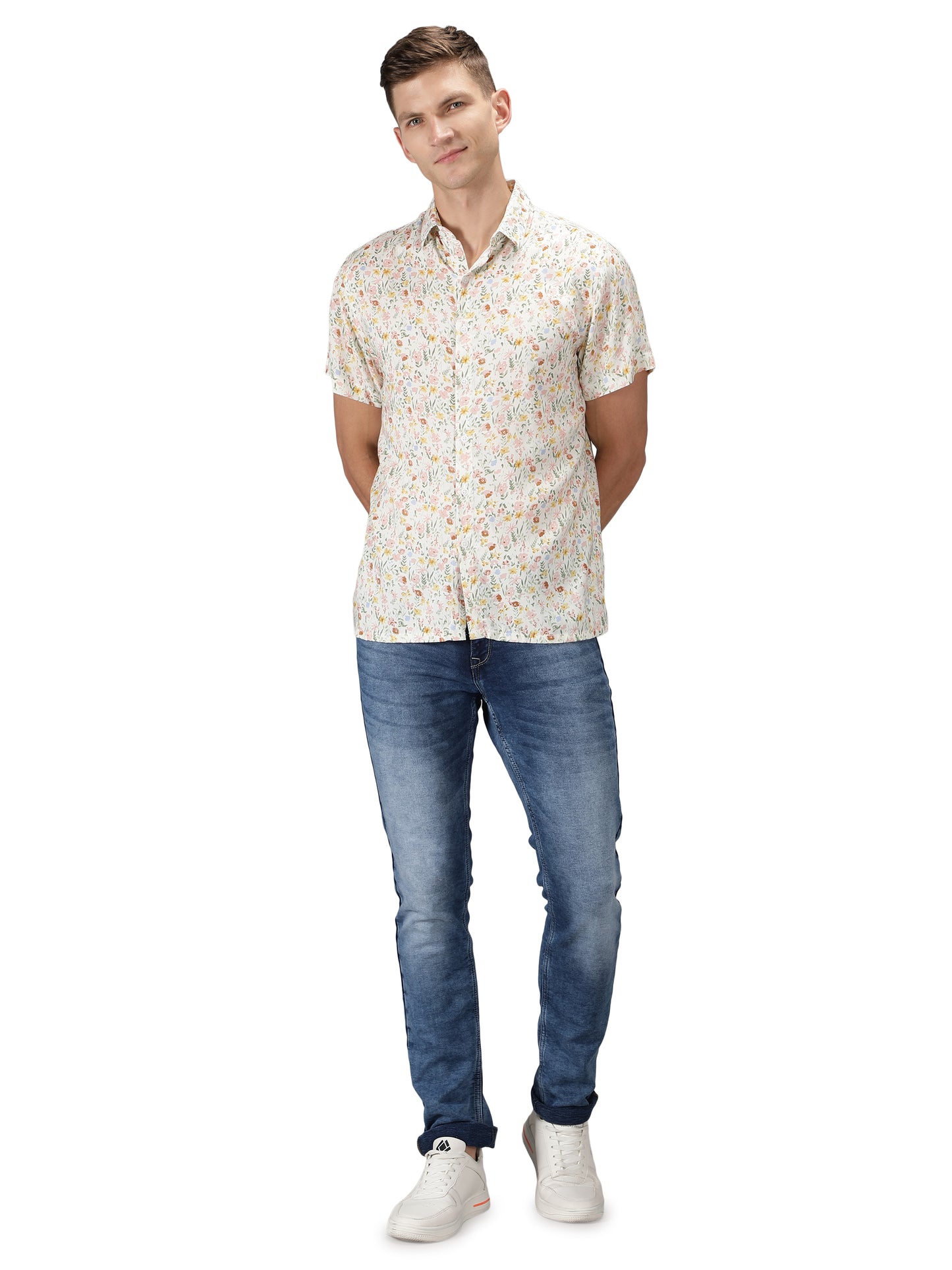 NUEVOSPORTA Men's Rayon Printed Beige Shirt