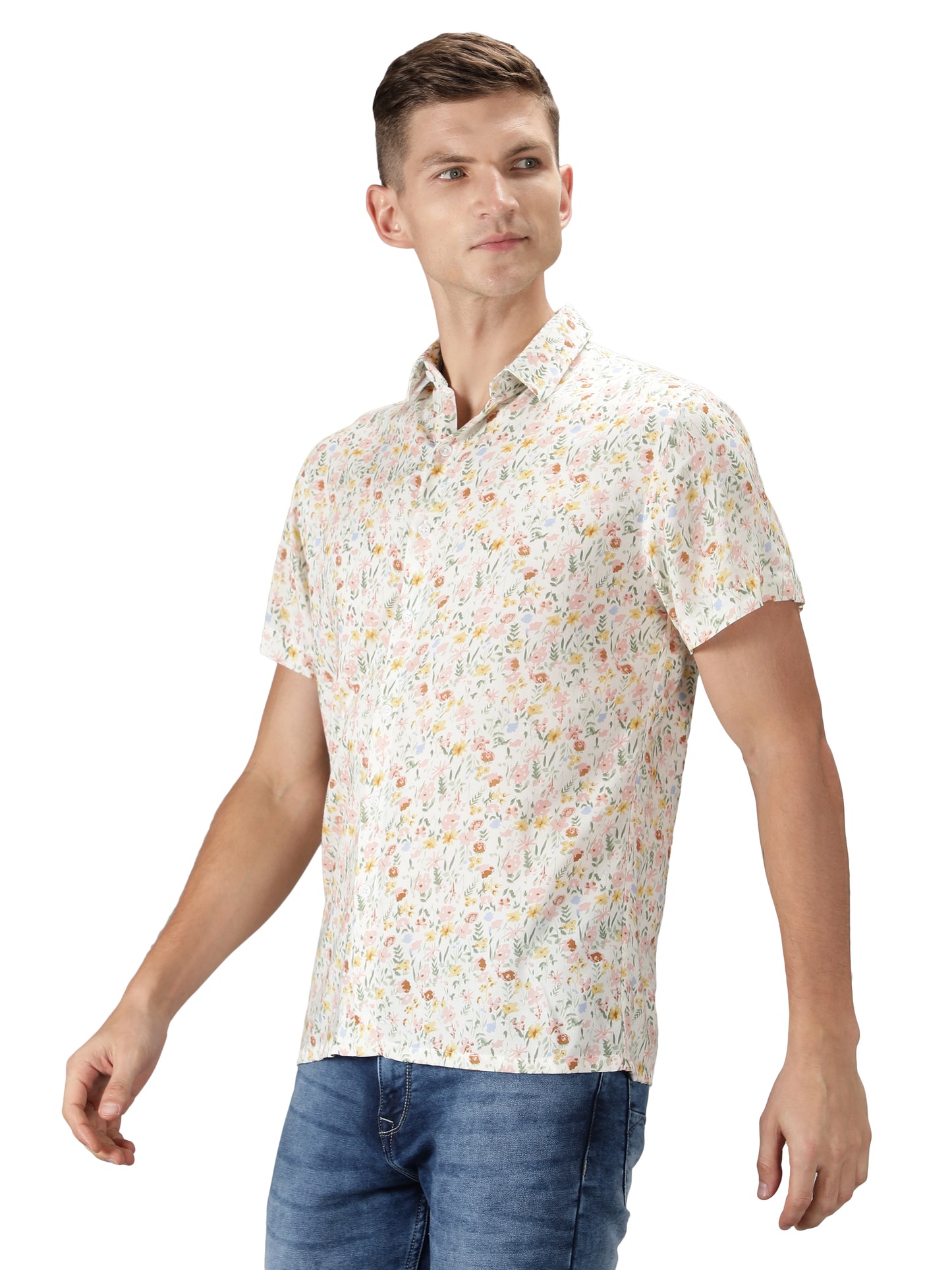 NUEVOSPORTA Men's Rayon Printed Beige Shirt