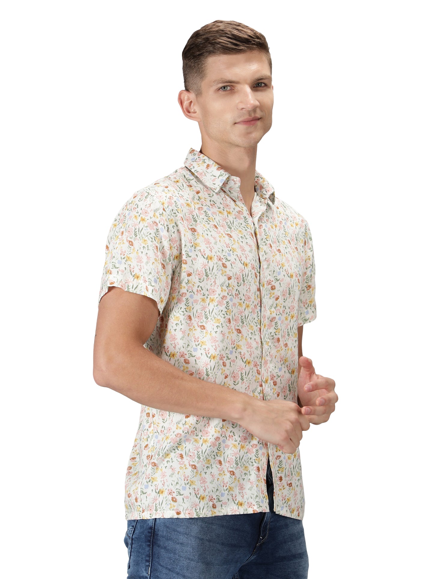 NUEVOSPORTA Men's Rayon Printed Beige Shirt