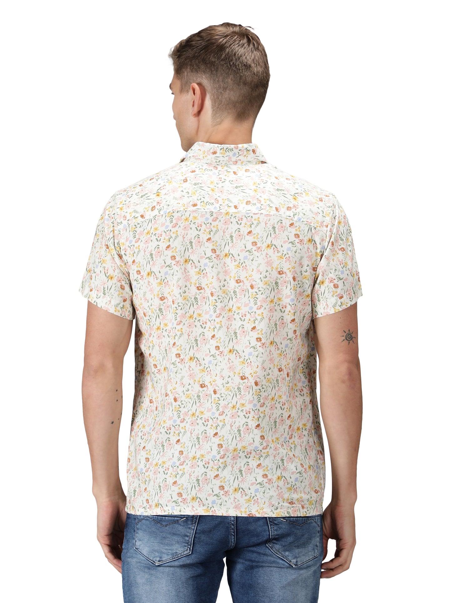 NUEVOSPORTA Men's Rayon Printed Beige Shirt