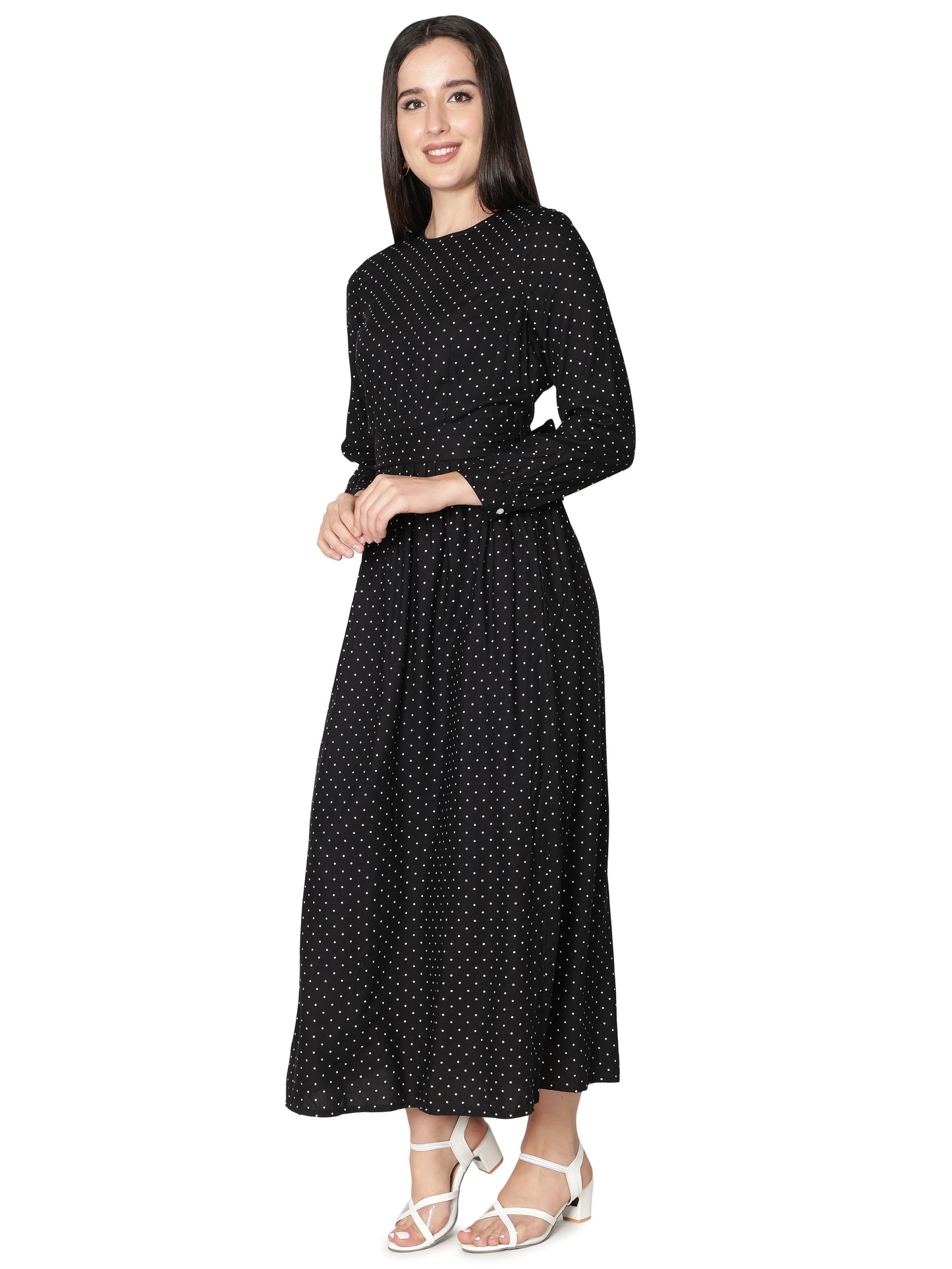NUEVOSDAMAS Women's Rayon Dot Printed Designer Maxi Dress - Effortlessly Stylish Summer Elegance in Black