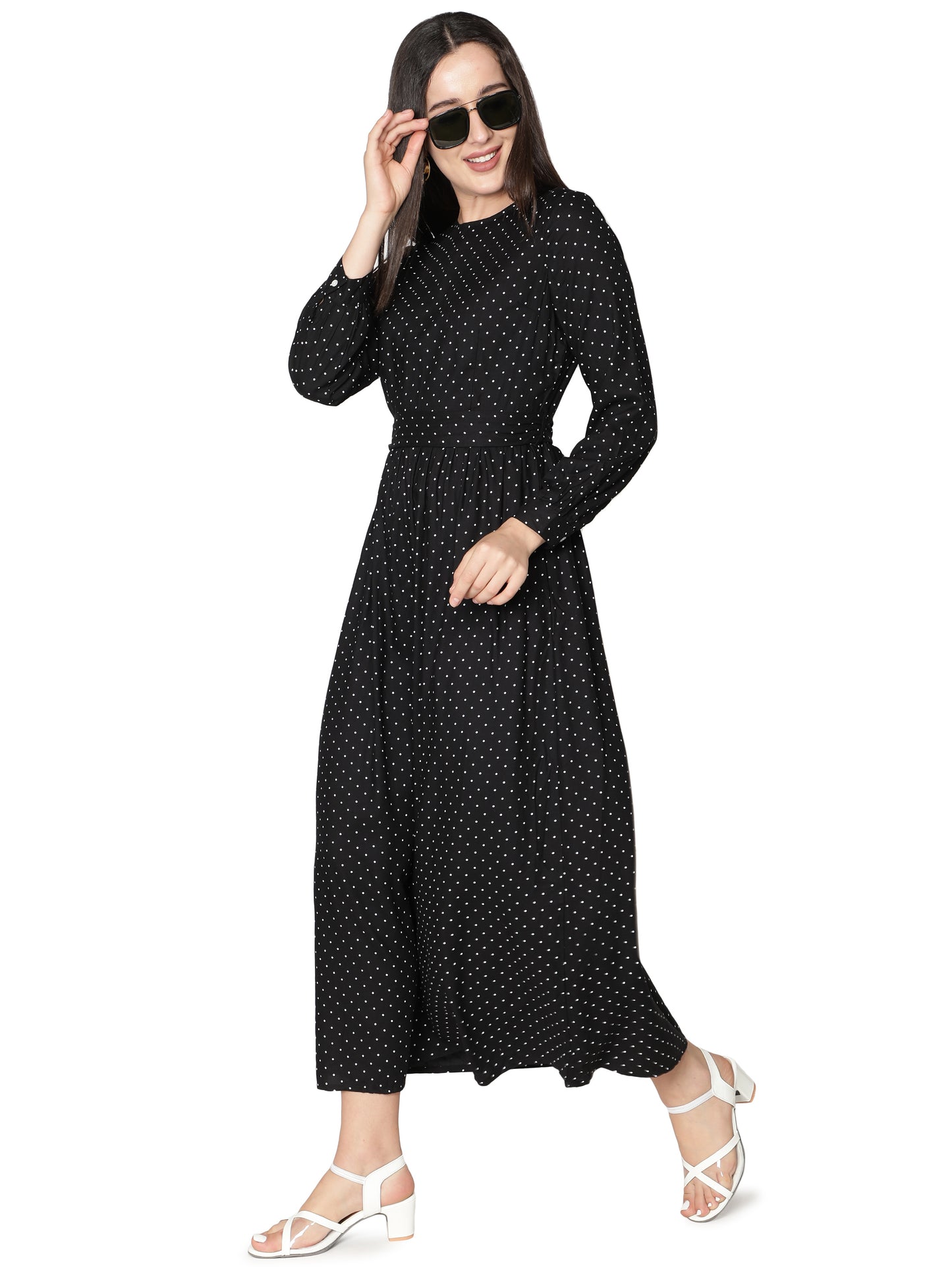 NUEVOSDAMAS Women's Rayon Dot Printed Designer Maxi Dress - Effortlessly Stylish Summer Elegance in Black