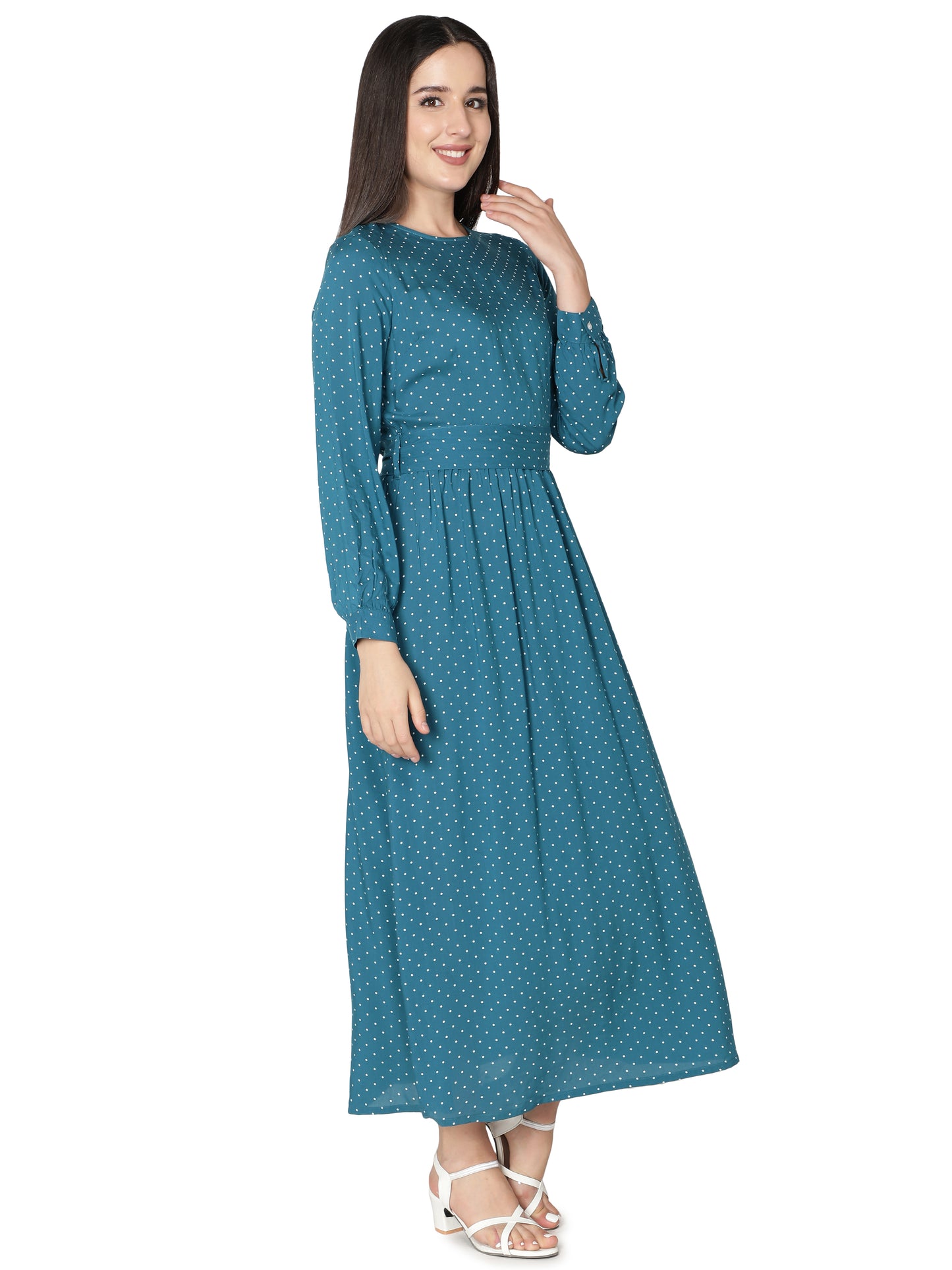 NUEVOSDAMAS Women Rayon Dot Printed Designer Dress | Latest Western Maxi Dress