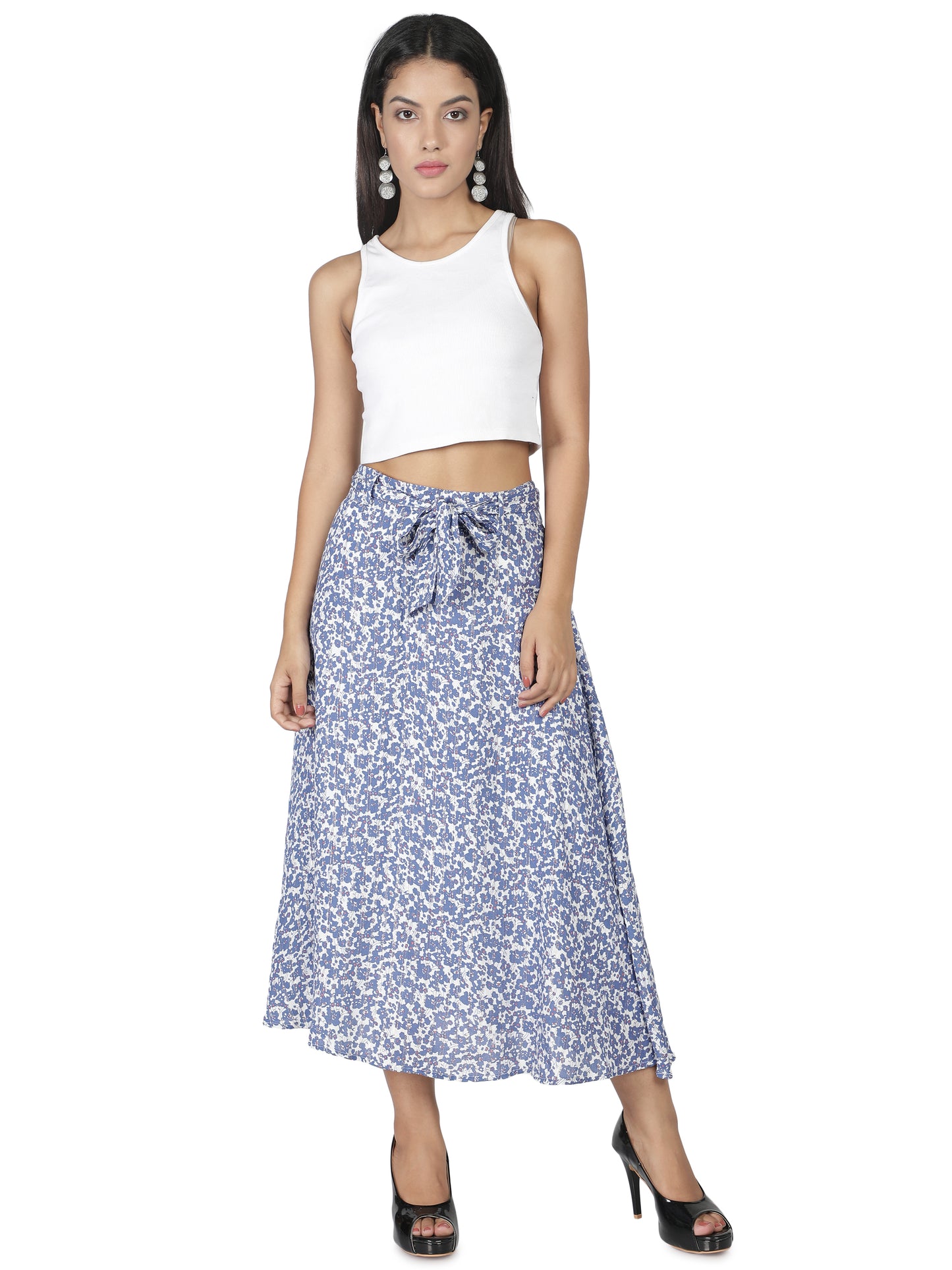 NUEVOSDAMAS Women Rayon Lurex Floral Printed Skirt | Latest Summer Skirt with Belt Blue White