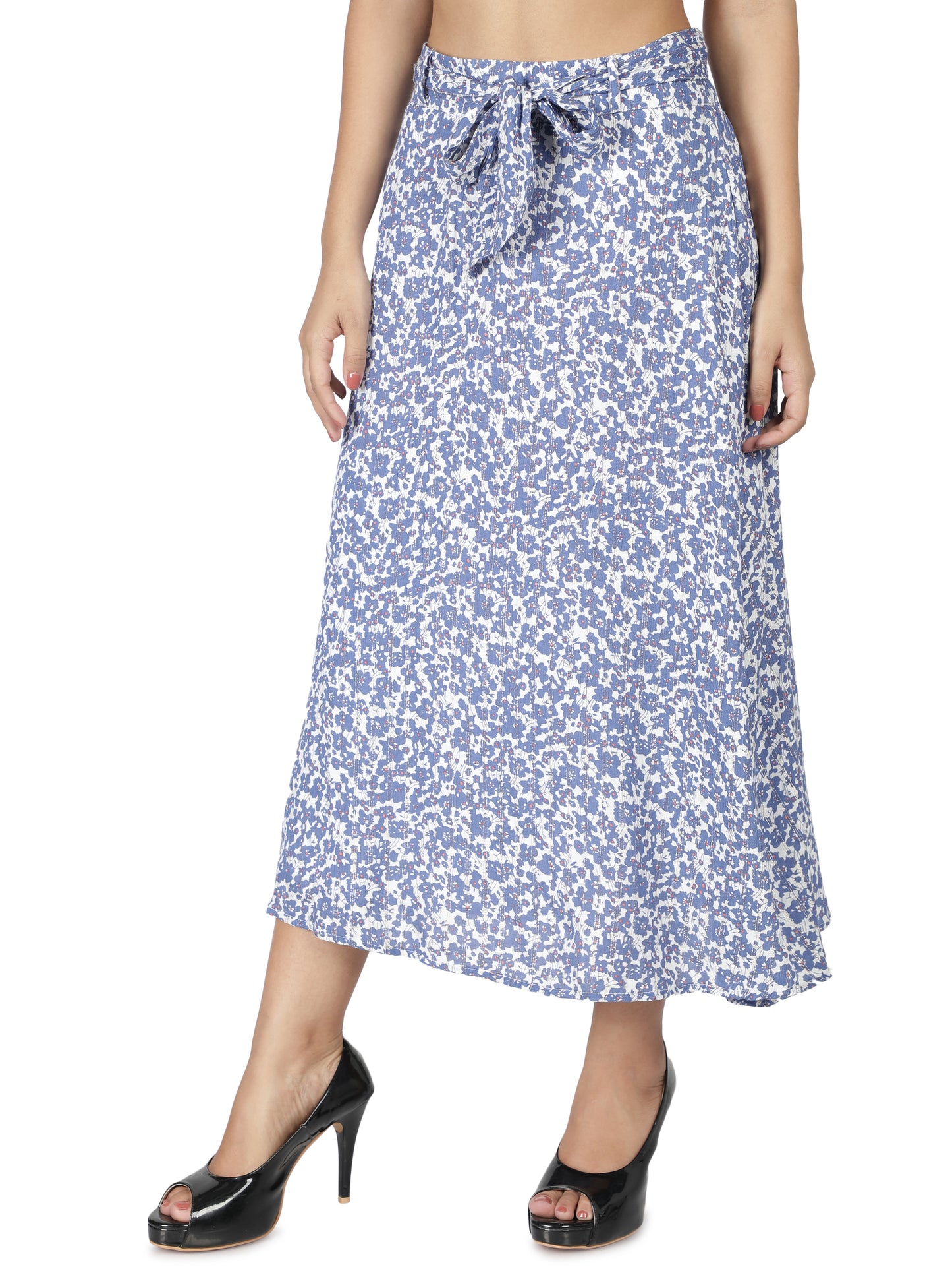 NUEVOSDAMAS Women Rayon Lurex Floral Printed Skirt | Latest Summer Skirt with Belt Blue White
