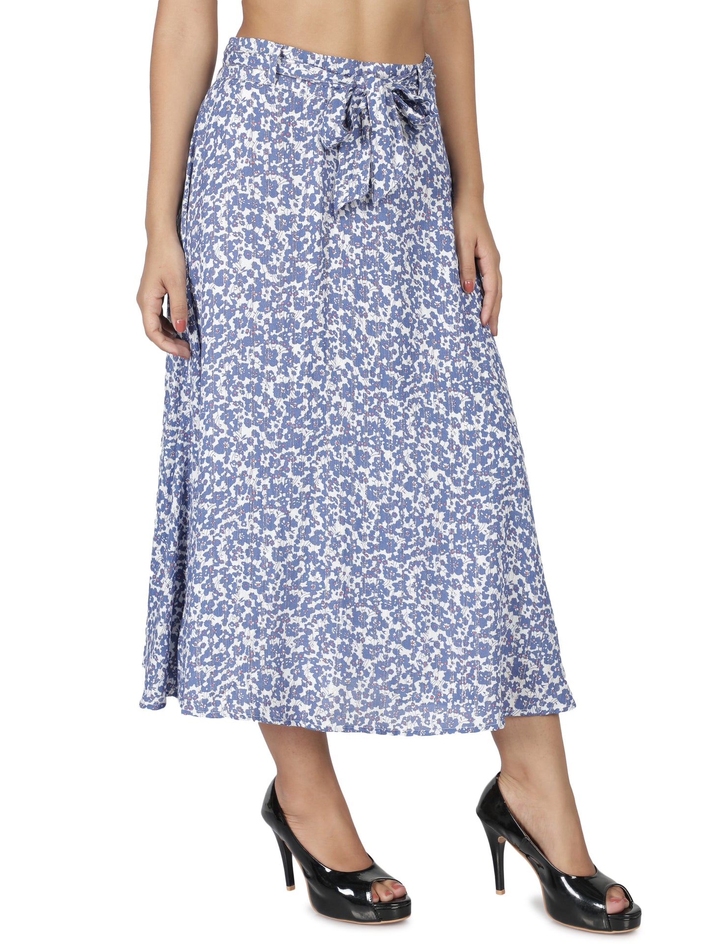 NUEVOSDAMAS Women Rayon Lurex Floral Printed Skirt | Latest Summer Skirt with Belt Blue White