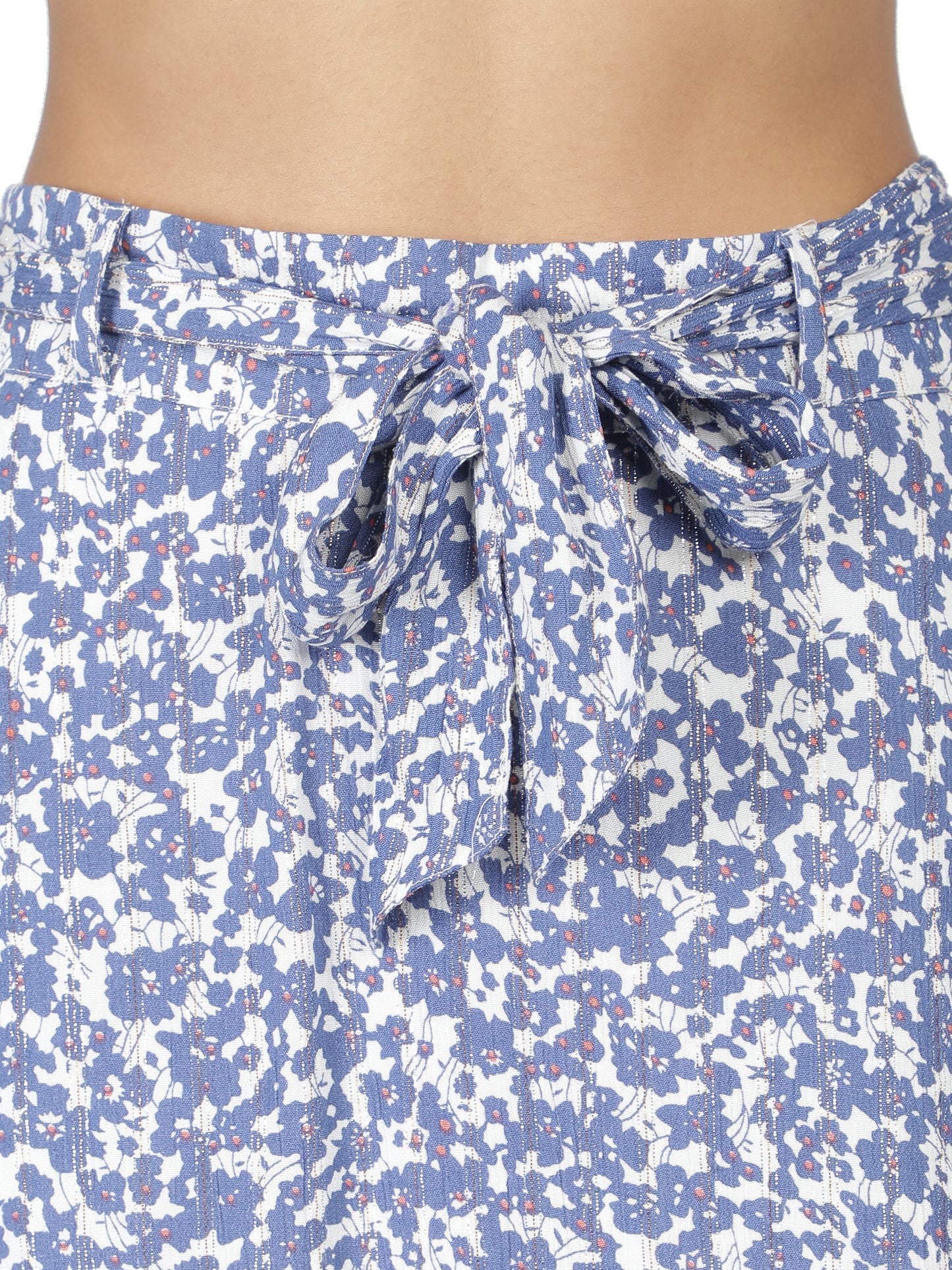 NUEVOSDAMAS Women Rayon Lurex Floral Printed Skirt | Latest Summer Skirt with Belt Blue White