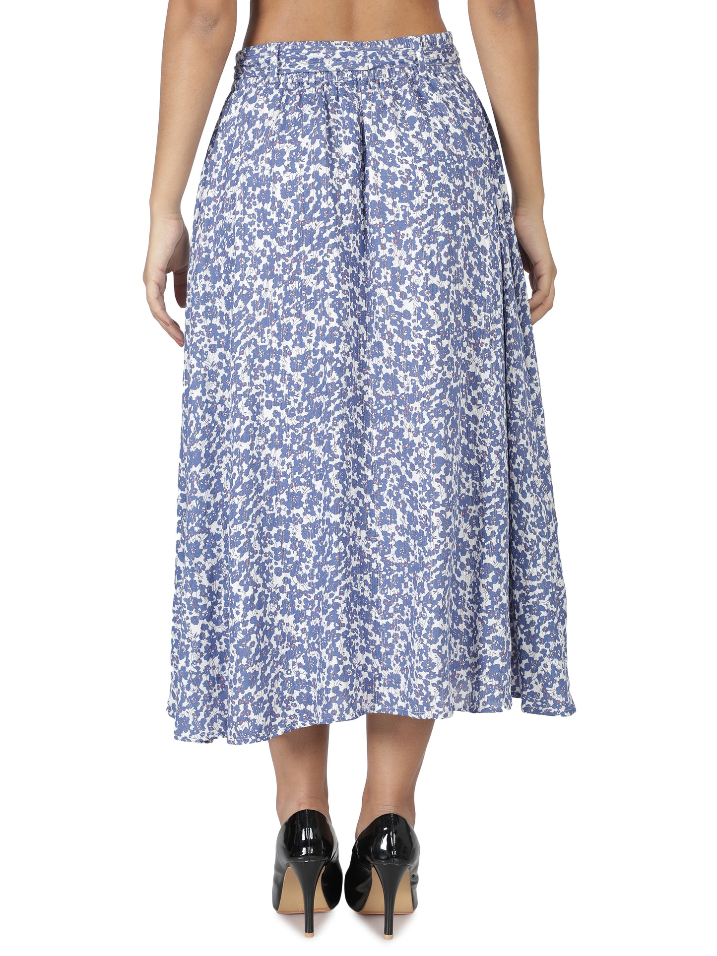 NUEVOSDAMAS Women Rayon Lurex Floral Printed Skirt | Latest Summer Skirt with Belt Blue White