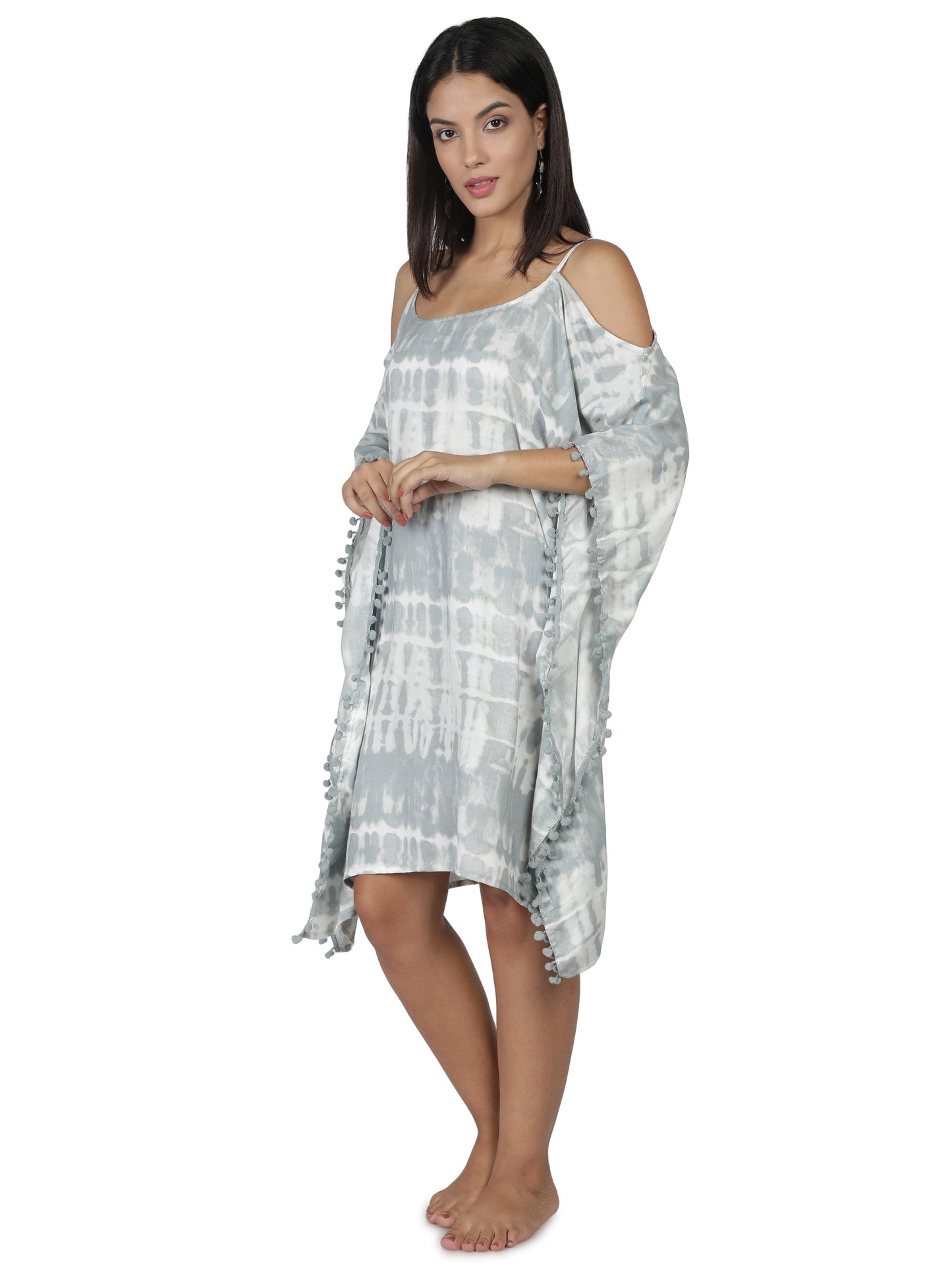 NUEVOSDAMAS Women Rayon Tie & Dye Kaftan Grey/White